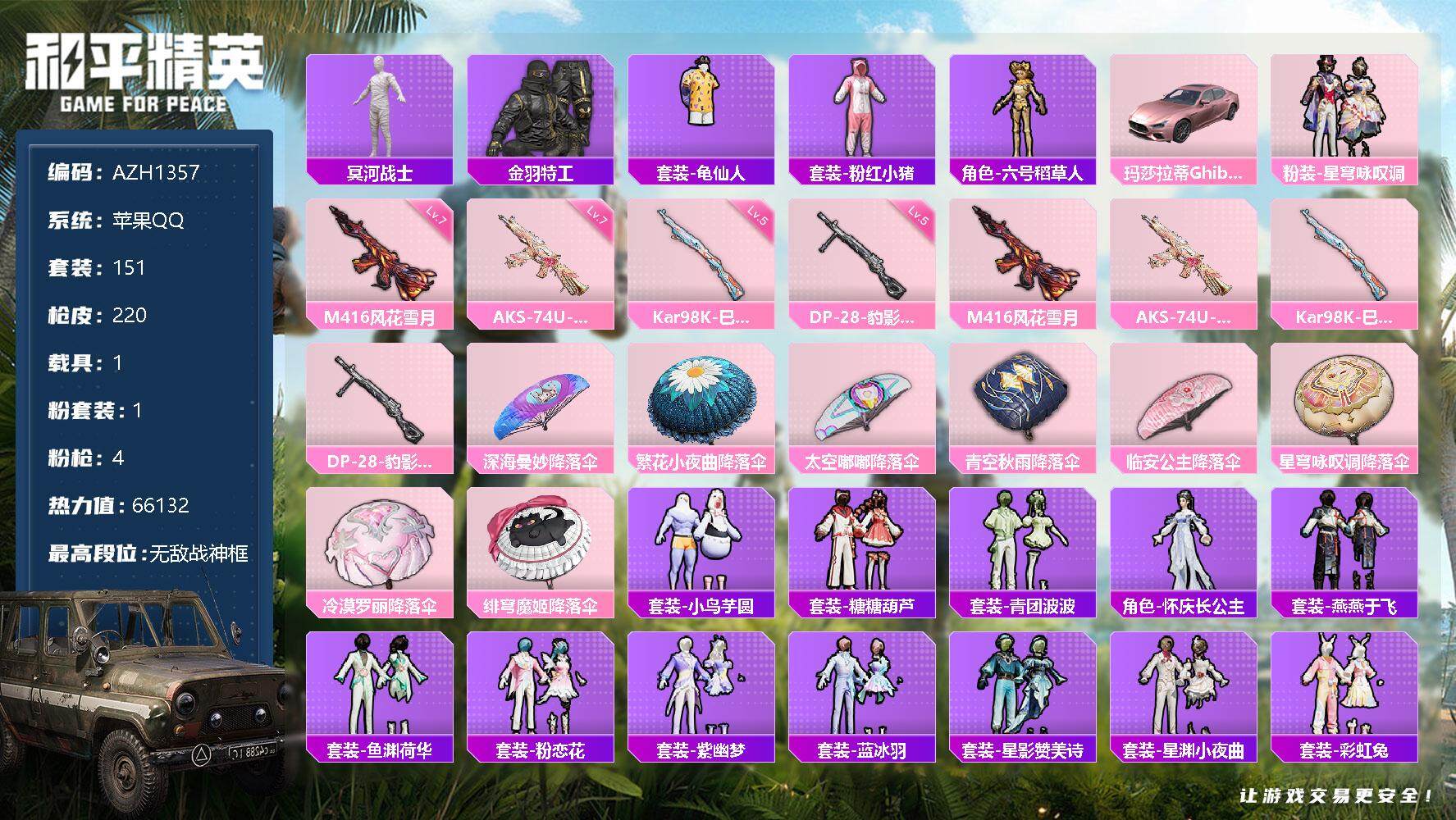 和平精英账号苹果QQ【AZH1357】苹果 手Q【23高印记无敌战神 木乃伊满级风花雪月】-无敌战神框-1粉装-4特效枪