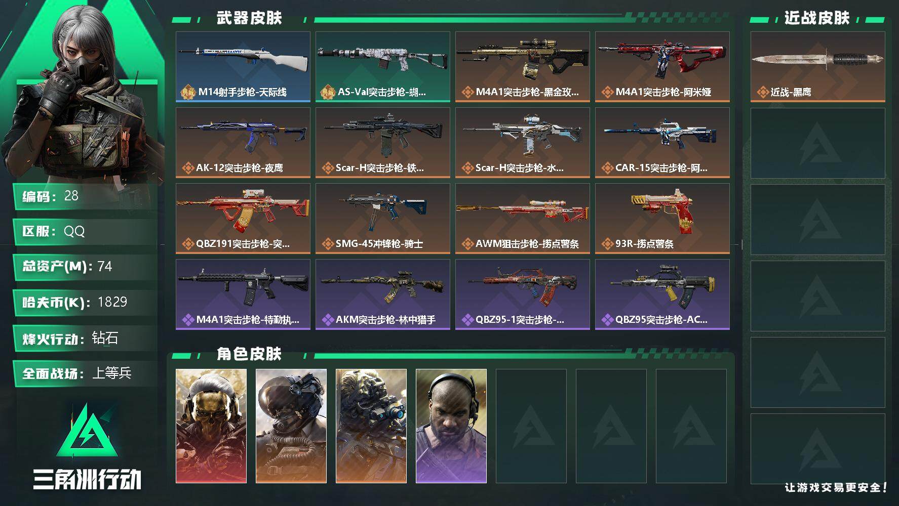 三角洲行动账号QQ账号亮点：红狼-蚀金玫瑰，威龙-壮志凌云，无名-夜鹰，牧羊人-黑鹰坠落 M14射手步枪-天际线，AS