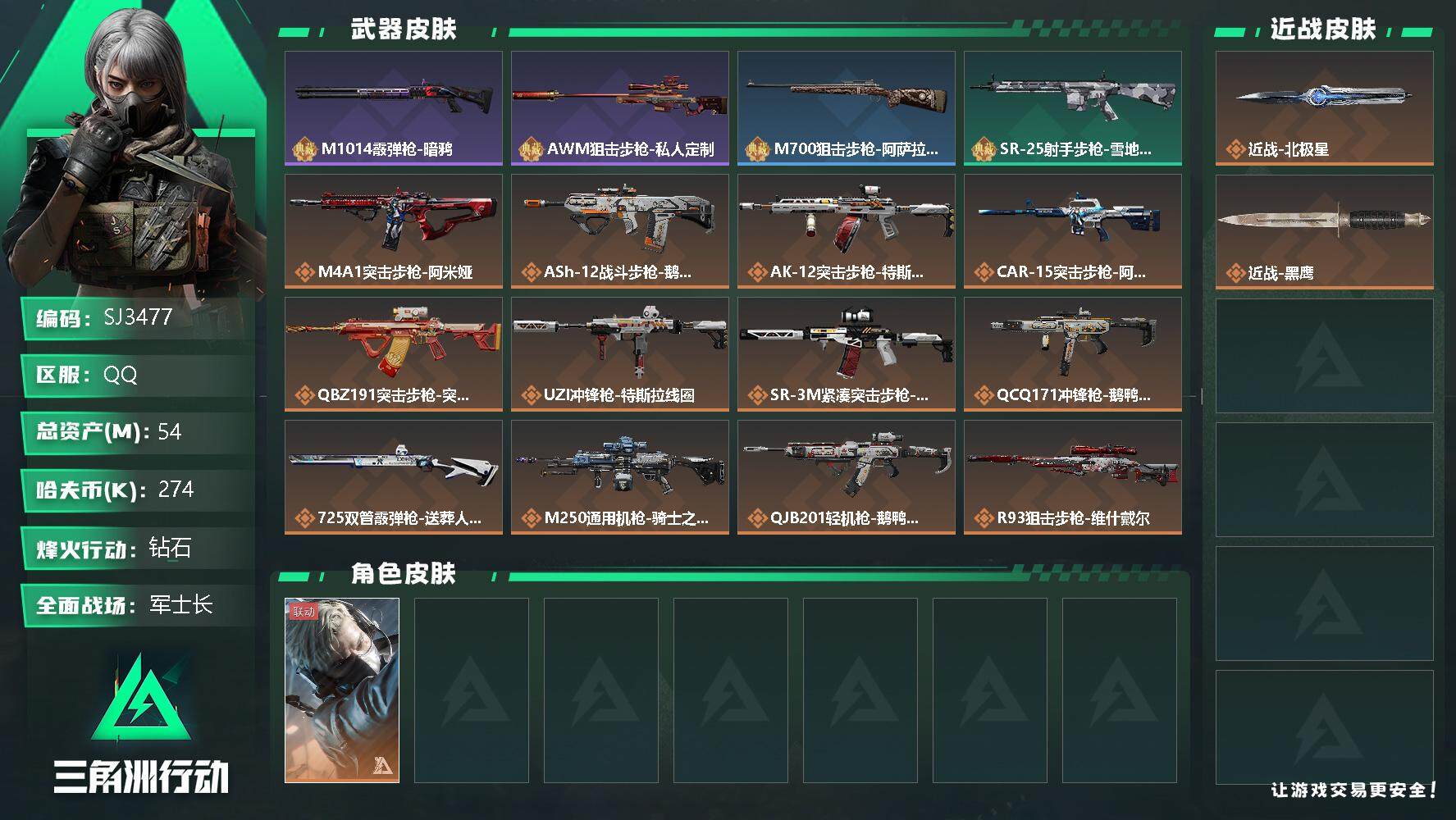 三角洲行动账号QQ【SJ3477】总资产(M)：54M/哈夫币(K)：274K/哈夫币(K)：274K/传说枪皮数：1