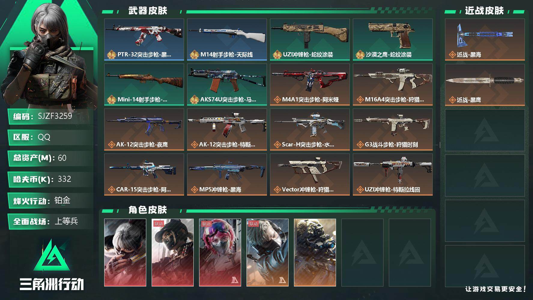 三角洲行动账号QQ【SJZF3259】总资产(M)：60M/哈夫币(K)：332K/哈夫币(K)：332K/全面战场等
