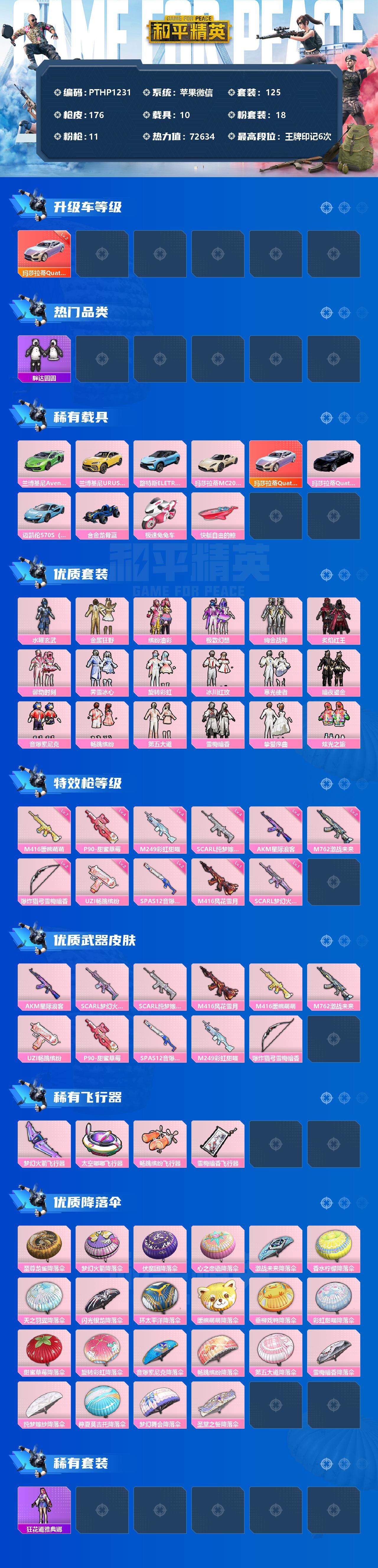 和平精英账号苹果微信10载具-125套装-176枪皮-【PTHP1231】【限时秒杀】苹果 微信-18粉装-11特效枪-