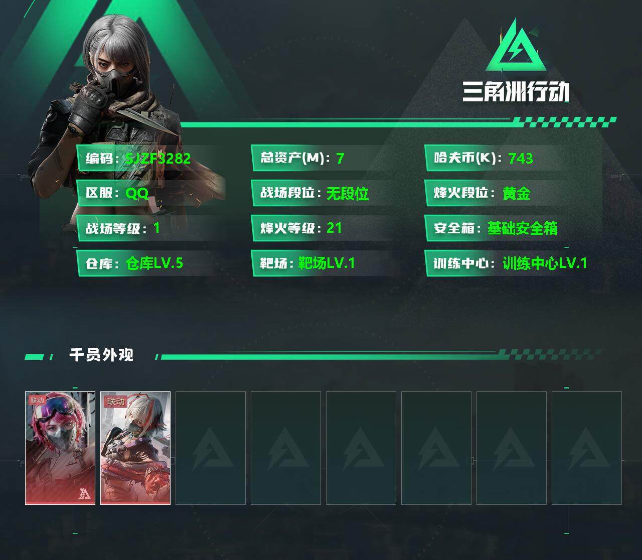 三角洲行动账号QQ【SJZF3282】总资产(M)：7M/哈夫币(K)：743K/哈夫币(K)：743K/全面战场等级