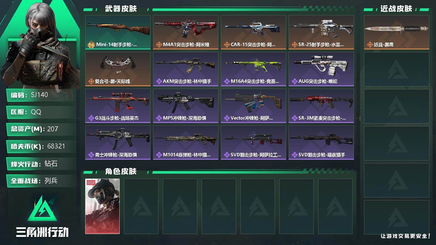 三角洲行动账号QQ【SJ140】68321k哈伏币-180m流动资产-60烽火等级-钻石-15战场等级-列兵
【干员外