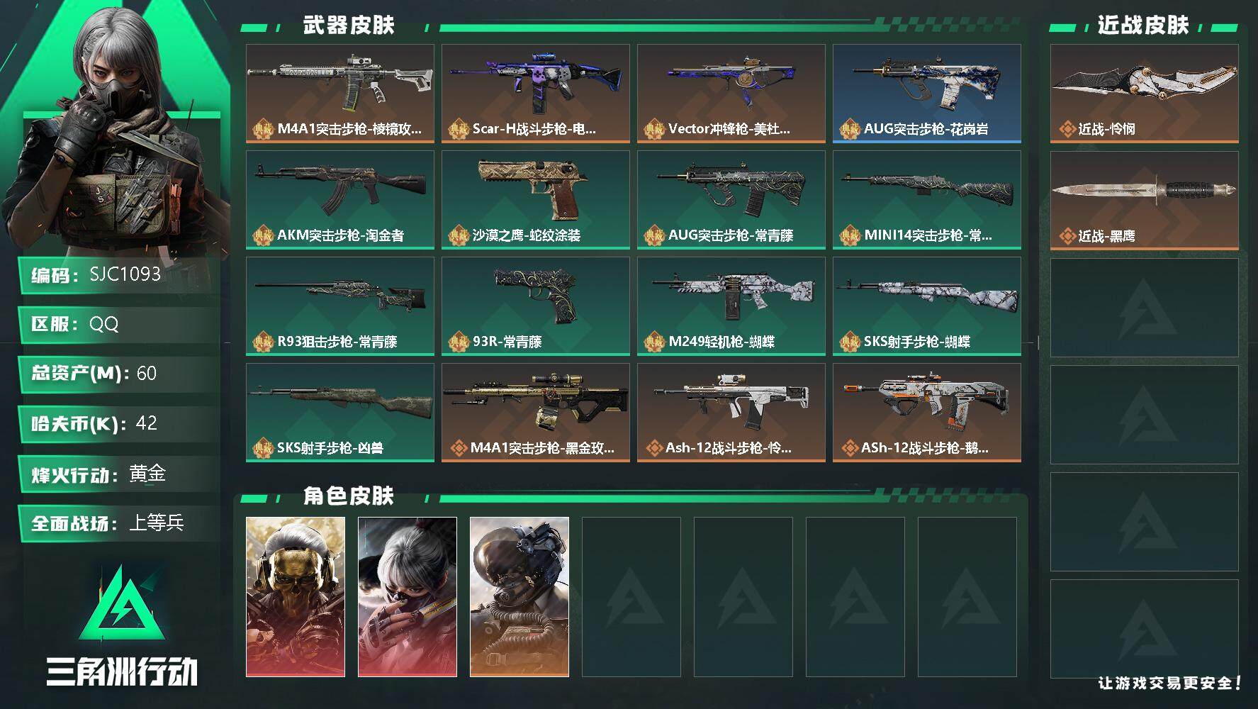 三角洲行动账号QQ【SJC1093】总资产(M)：60M/哈夫币(K)：42K/哈夫币(K)：42K/传说枪皮数：21