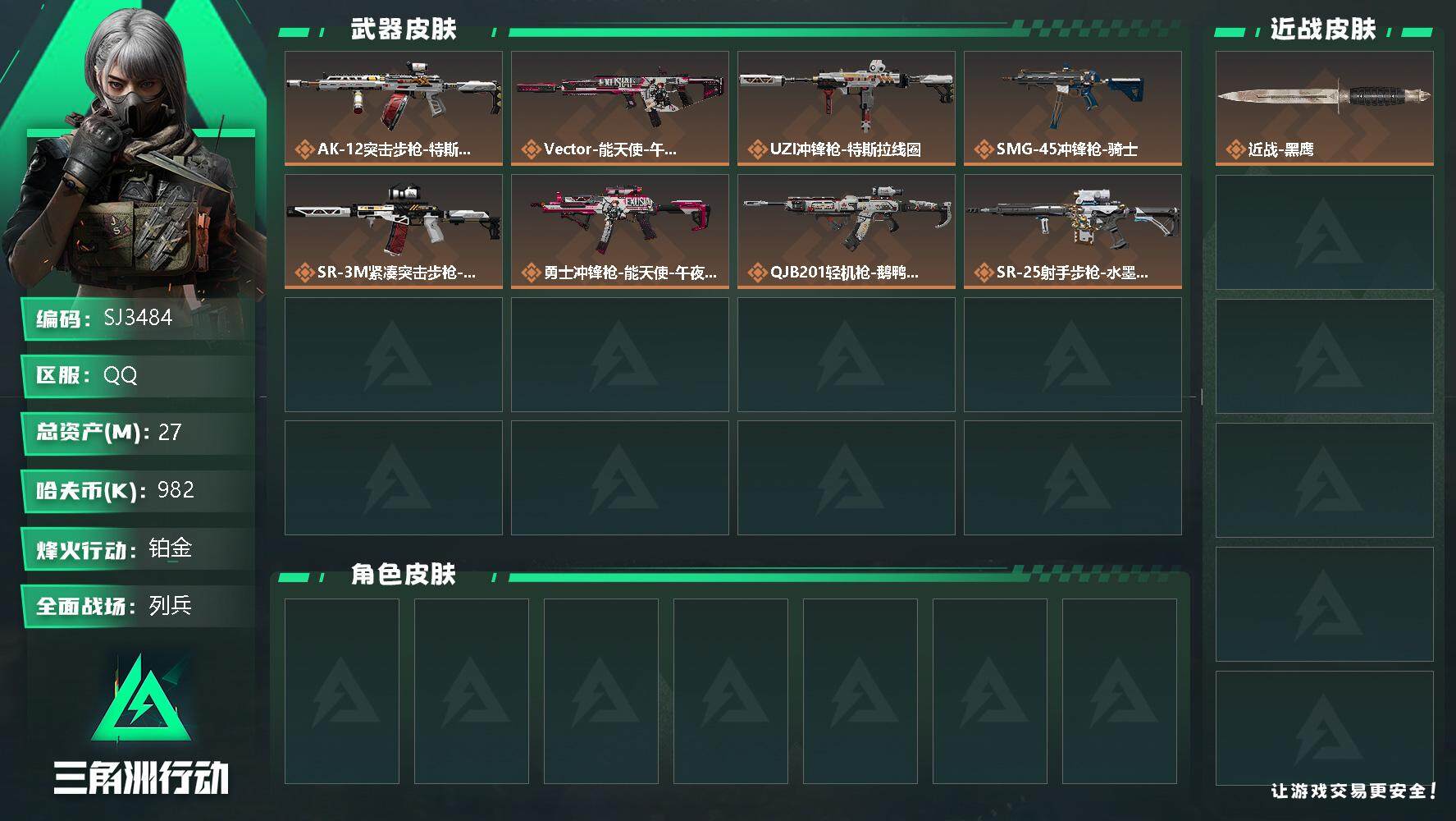 三角洲行动账号QQ【SJ3484】总资产(M)：27M/哈夫币(K)：982K/哈夫币(K)：982K/传说枪皮数：9