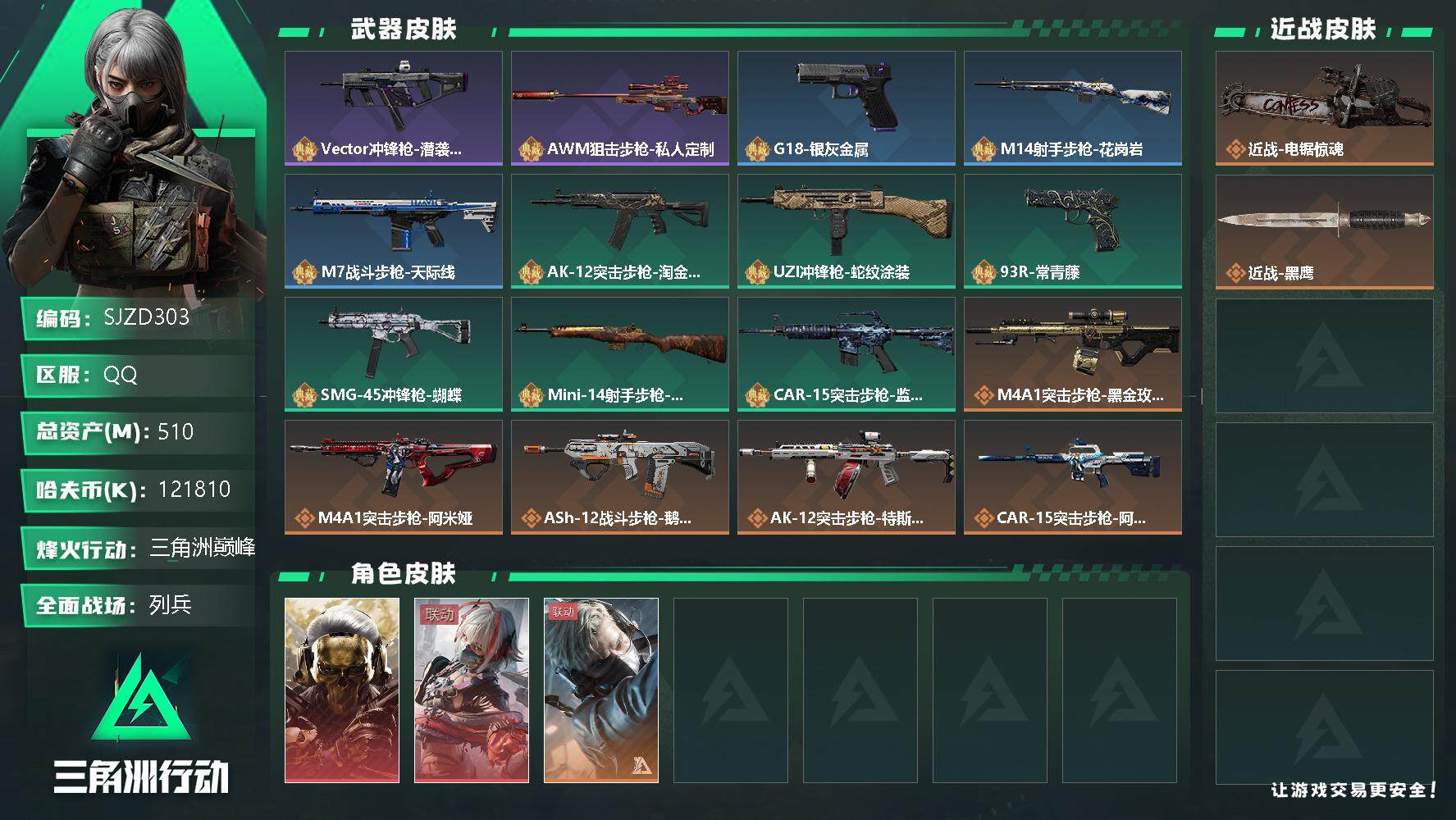 三角洲行动账号QQ【SJZD303】总资产(M)：510M/哈夫币(K)：K/哈夫币(K)：K/全面战场等级：11_段