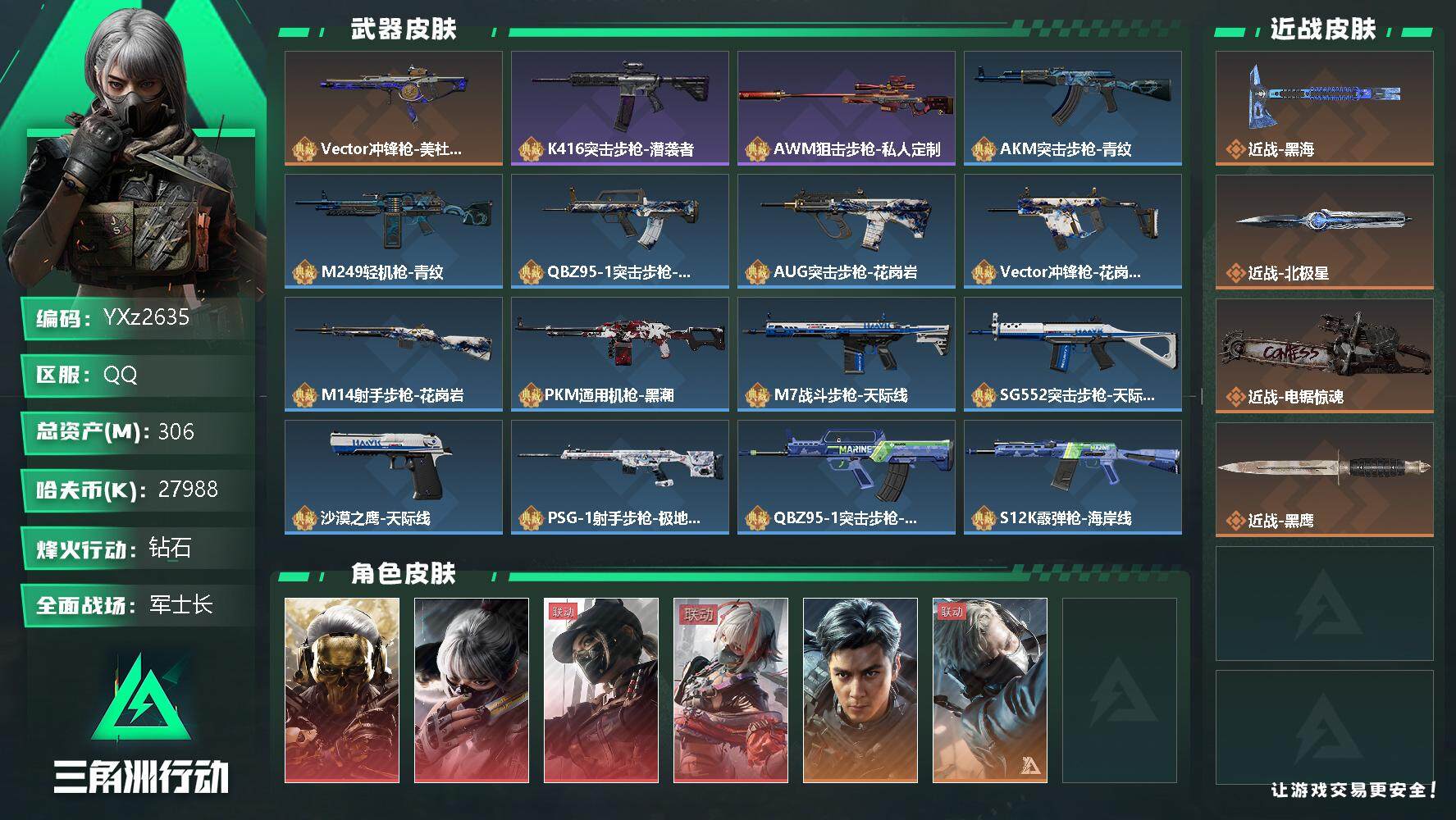 三角洲行动账号QQ【氪金土豪号：四红皮+三刀皮+一典藏枪皮+飞虎/高额资产306M】【蚀金玫瑰+水墨云图+黑天际线+维