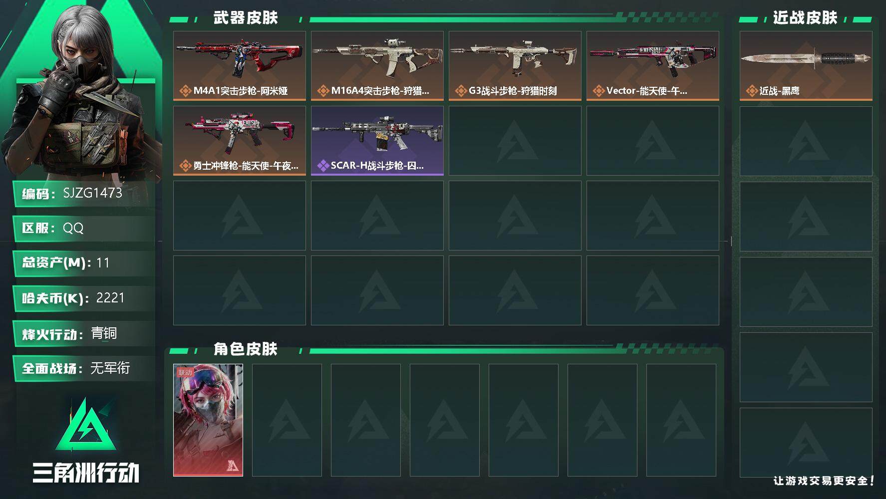 三角洲行动账号QQ【SJZG1473】总资产(M)：11M/哈夫币(K)：2221K/哈夫币(K)：2221K/传说枪
