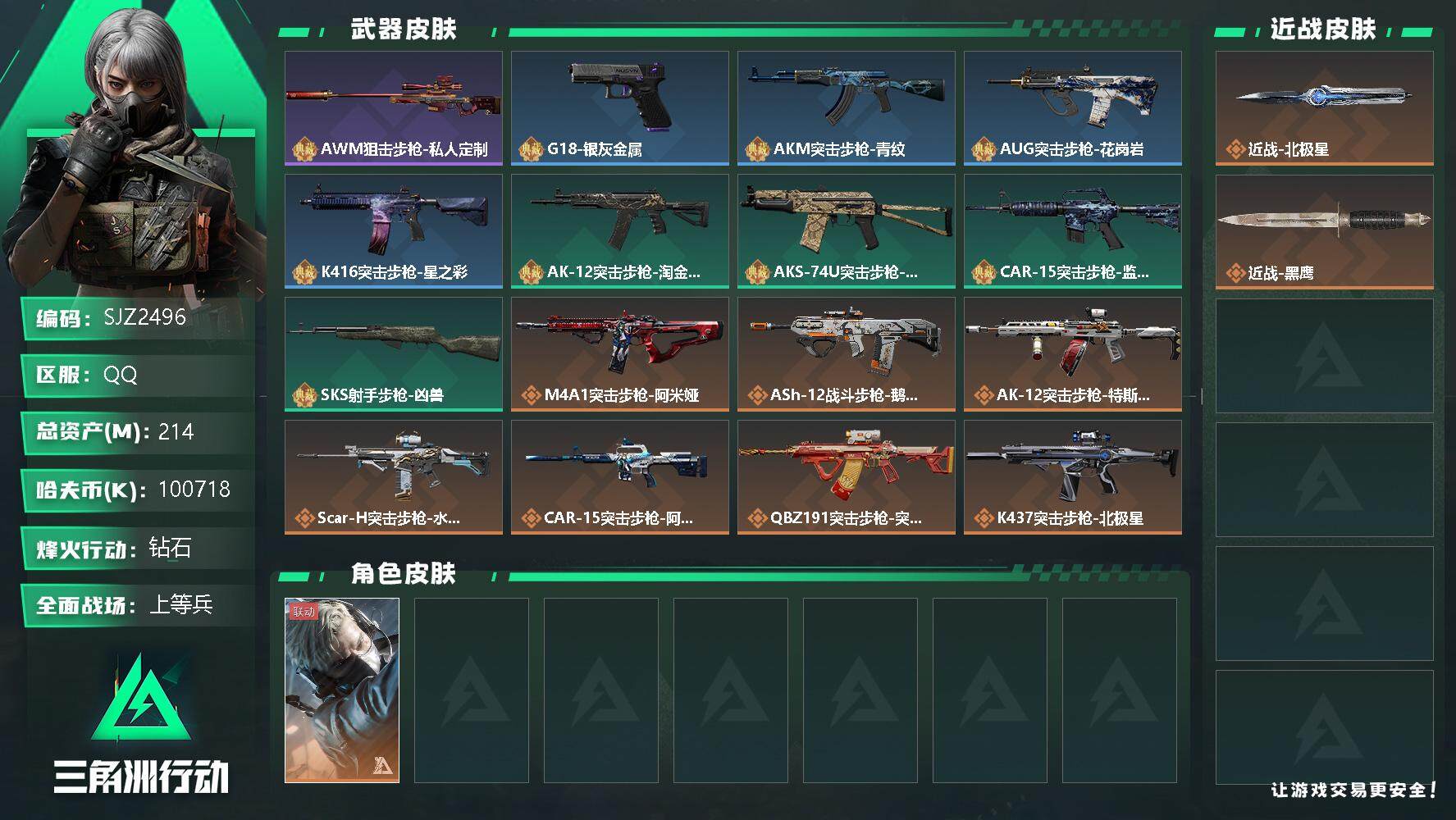 三角洲行动账号QQ【SJZ2496】总资产(M)：214M/哈夫币(K)：K/哈夫币(K)：K/全面战场等级：20_段