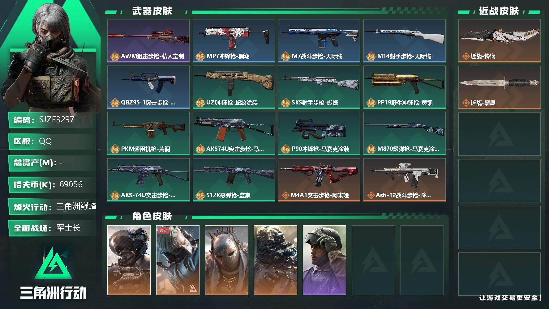 三角洲行动账号QQ【SJZF3297】哈夫币(K)：69056K/哈夫币(K)：69056K/全面战场等级：50_段位：军士长/烽火地带等级：60_段位：三角洲巅峰/威龙-壮志凌云/蜂医-送葬人·无题密令/牧羊人-街