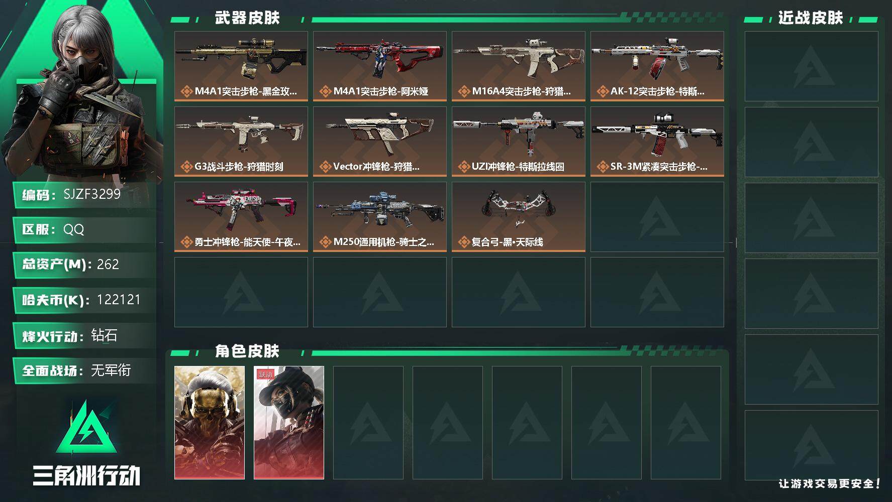 三角洲行动账号QQ【SJZF3299】总资产(M)：262M/哈夫币(K)：122121K/哈夫币(K)：122121K/传说枪皮数：12/全面战场等级：1_段位：无段位/烽火地带等级：60_段位：钻石/红狼-蚀金玫