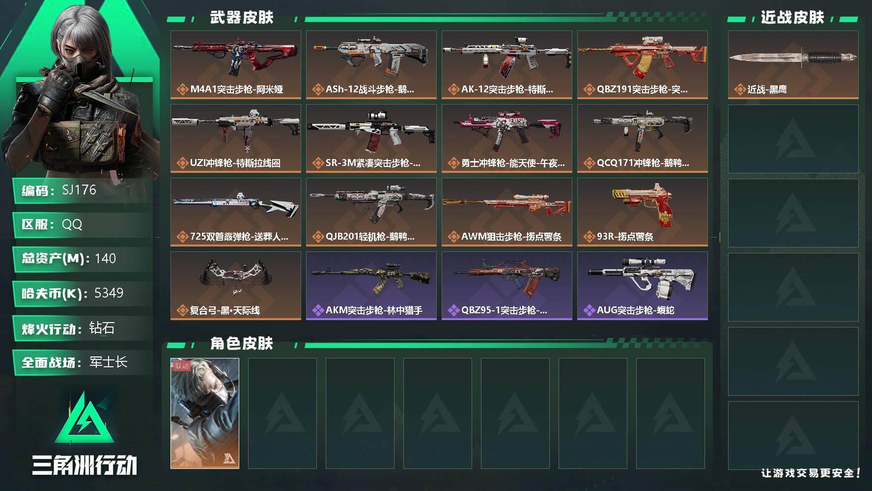 三角洲行动账号QQ【SJ176】【干员外观】：蜂医-送葬人·无题密令
【近战皮肤】：近战-黑鹰
【传说级普通外观】：M