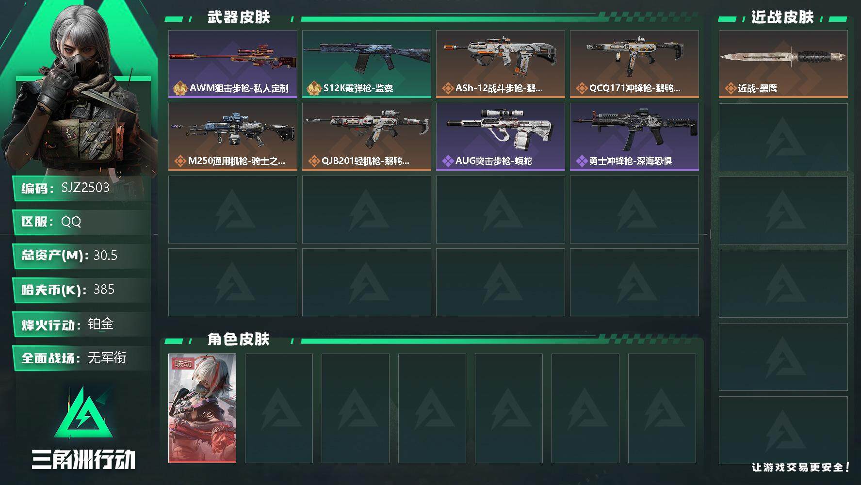 三角洲行动账号QQ【SJZ2503】总资产(M)：30.5M/哈夫币(K)：385K/哈夫币(K)：385K/传说枪皮数：6/全面战场等级：1_段位：无段位/烽火地带等级：60_段位：铂金/骇爪-维什戴尔/近战-黑鹰