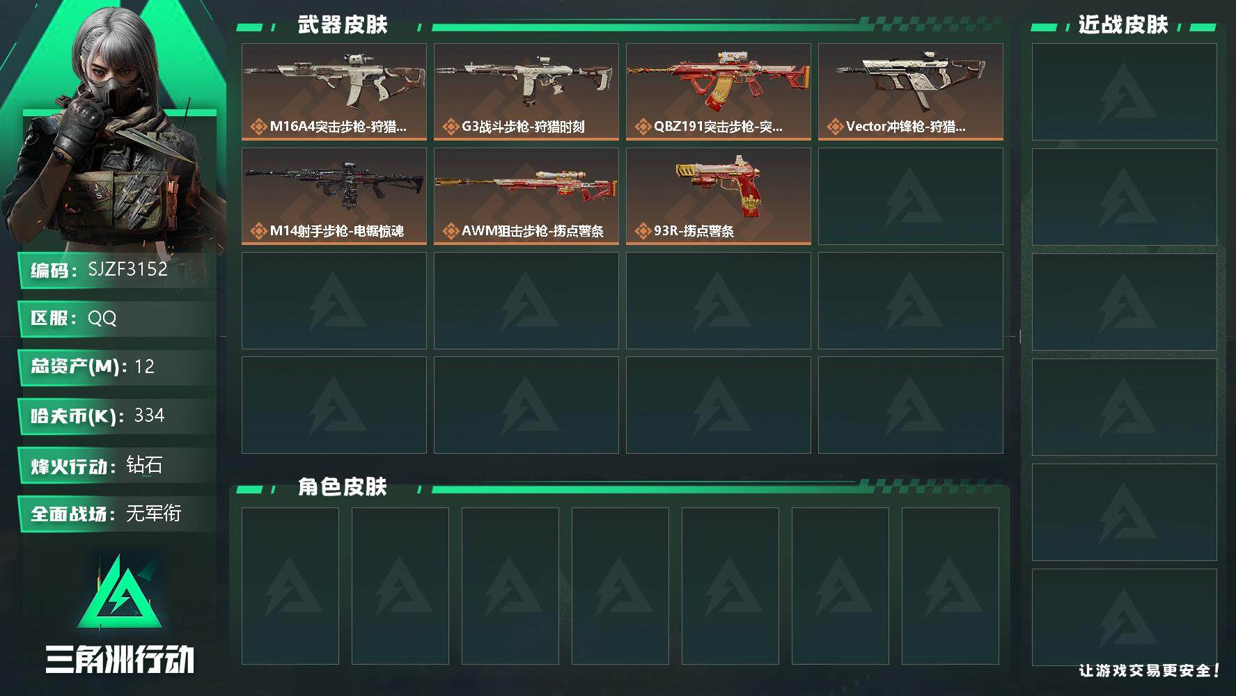 三角洲行动账号QQ【SJZF3152】总资产(M)：12M/哈夫币(K)：334K/哈夫币(K)：334K/全面战场等