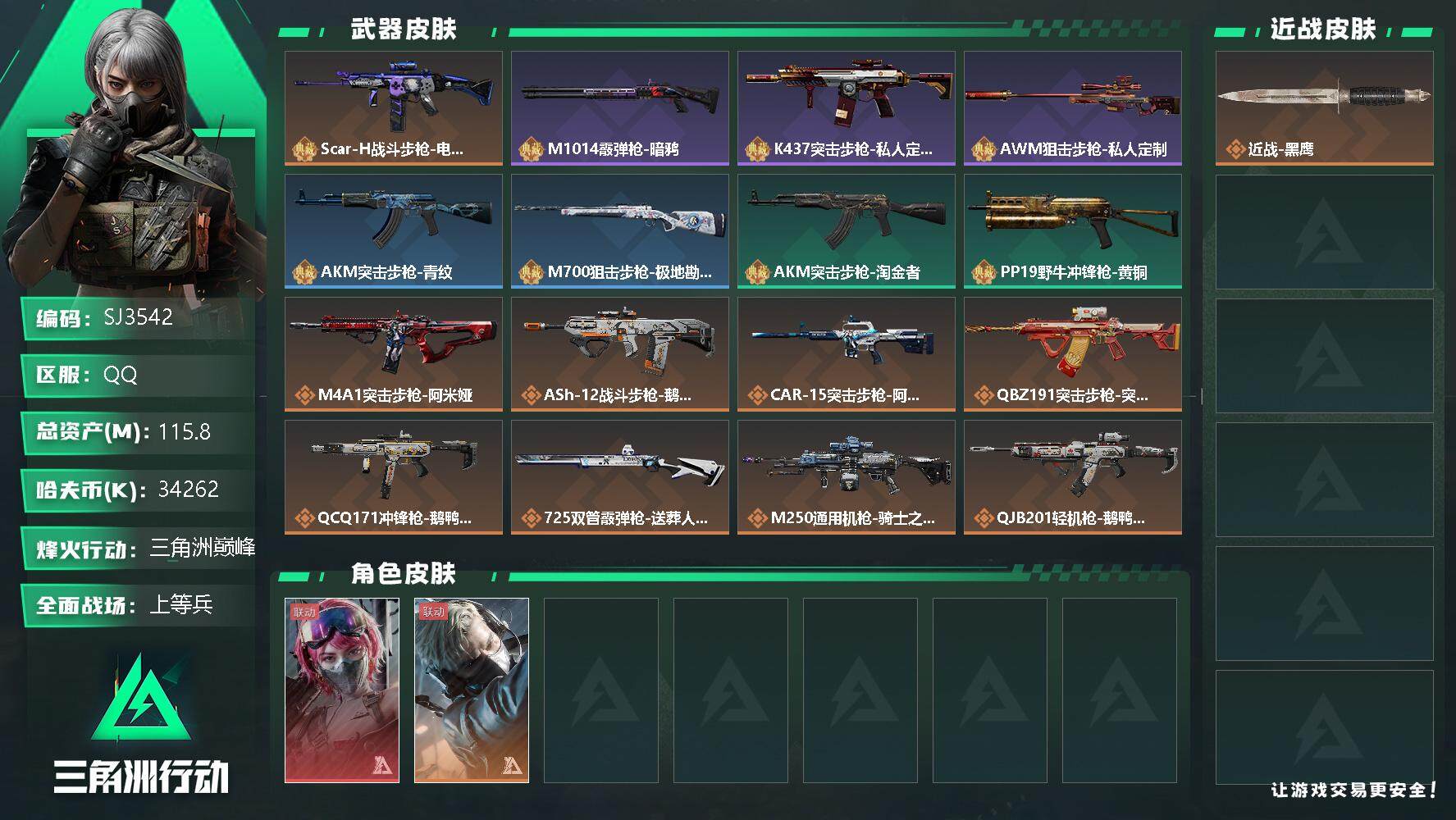 三角洲行动账号QQ【SJ3542】总资产(M)：115.8M/哈夫币(K)：34262K/哈夫币(K)：34262K/全面战场等级：17_段位：上等兵/烽火地带等级：60_段位：三角洲巅峰/蛊-能天使午夜邮差/蜂医-
