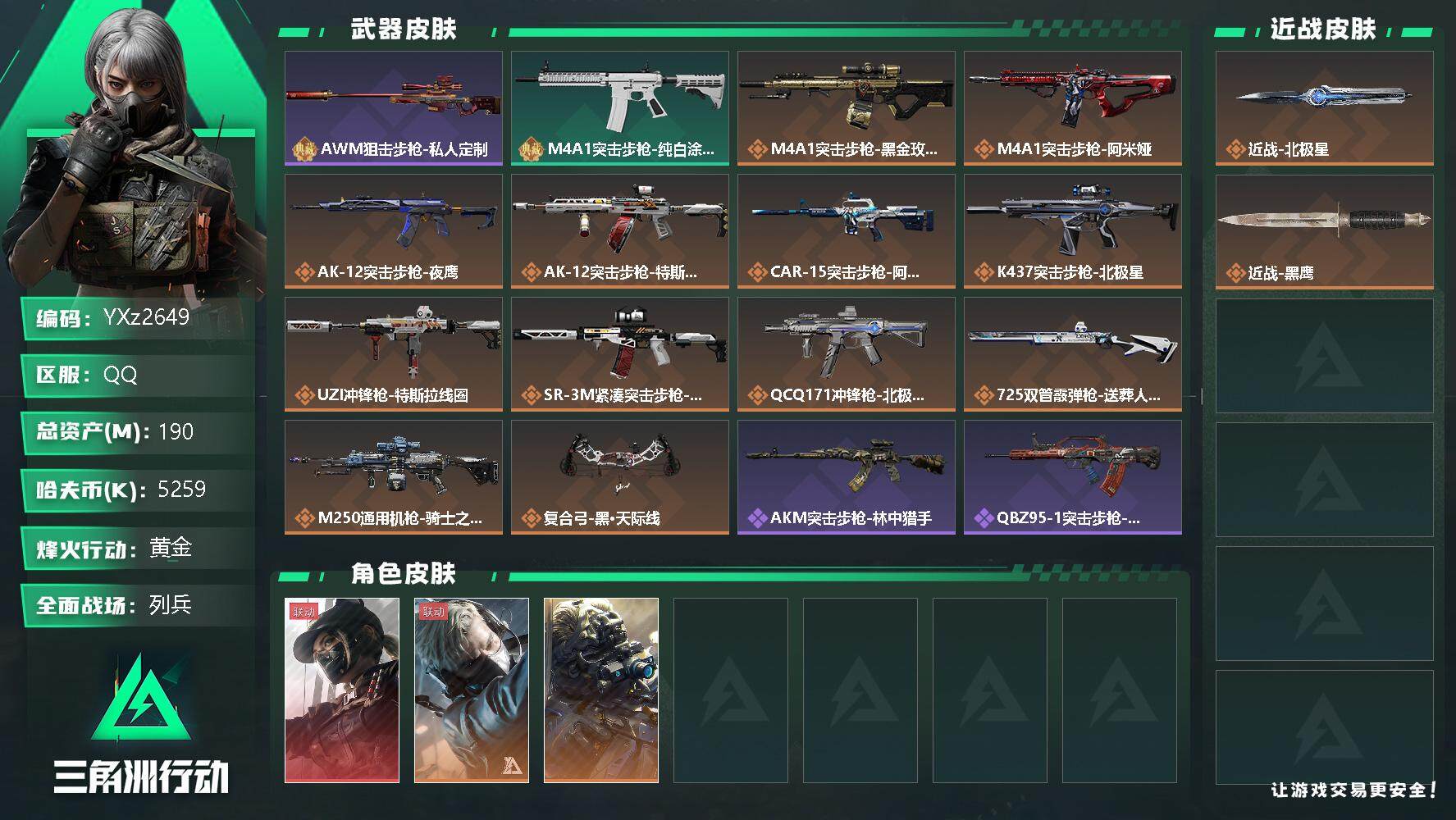 三角洲行动账号QQ【热门搭配组合：单红皮+单刀皮-北极星+黑·天际线】【Q区三端互通】【无二次】z2649-特勤处：仓