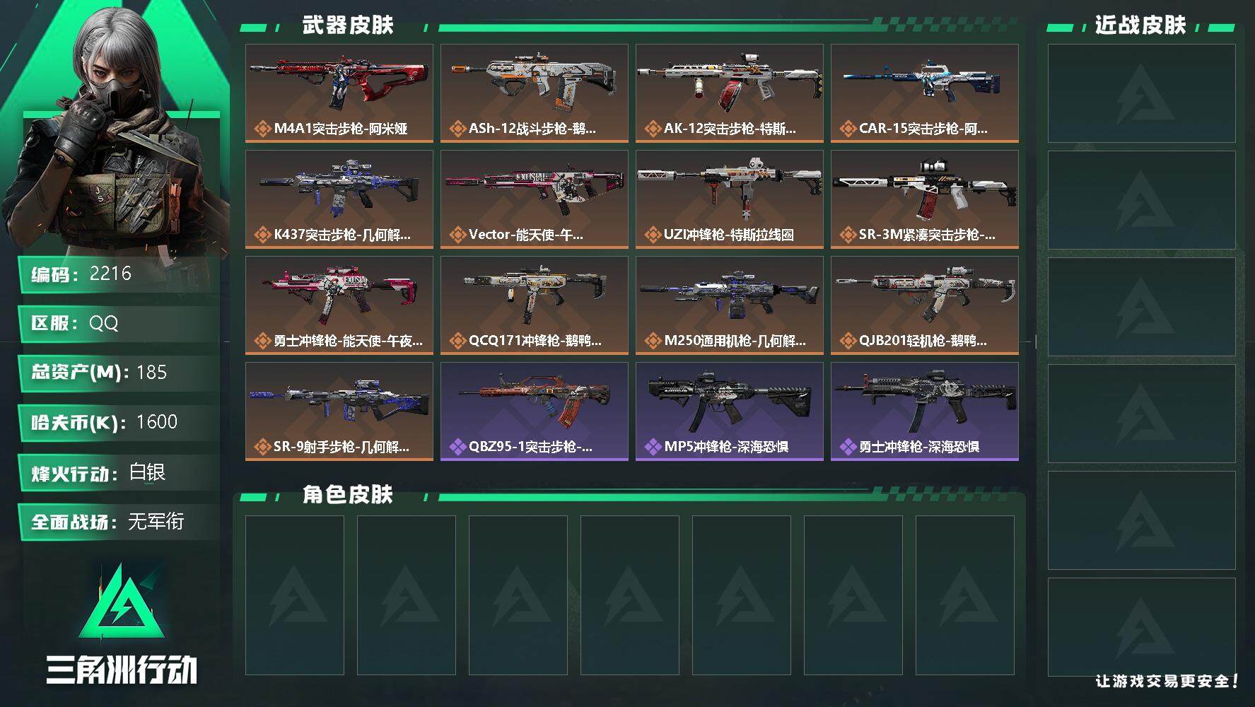 三角洲行动账号QQ总资产(M)：185M/哈夫币(K)：1600K/哈夫币(K)：1600K/全面战场等级：1_段位：