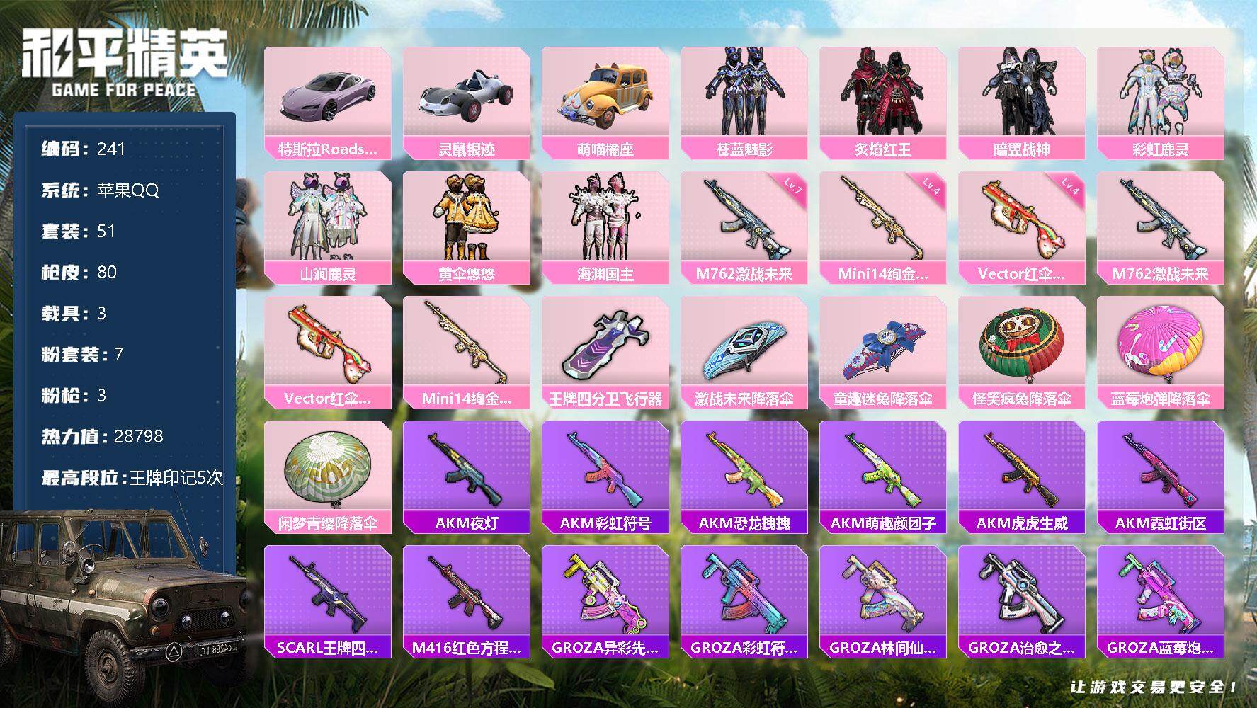 和平精英账号苹果QQ3载具-51套装-80枪皮-51套装/枪械3/装备91/载具3/战备61/王牌印记5/热力值2879