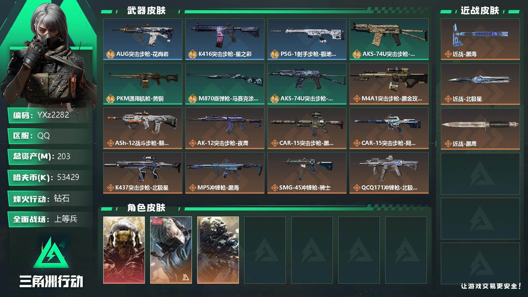 三角洲行动账号QQ【热门皮肤号：单红双刀-蚀金玫瑰+黑海+北极星】【Q区三端互通】【无二次】z2282-特勤处：仓库8