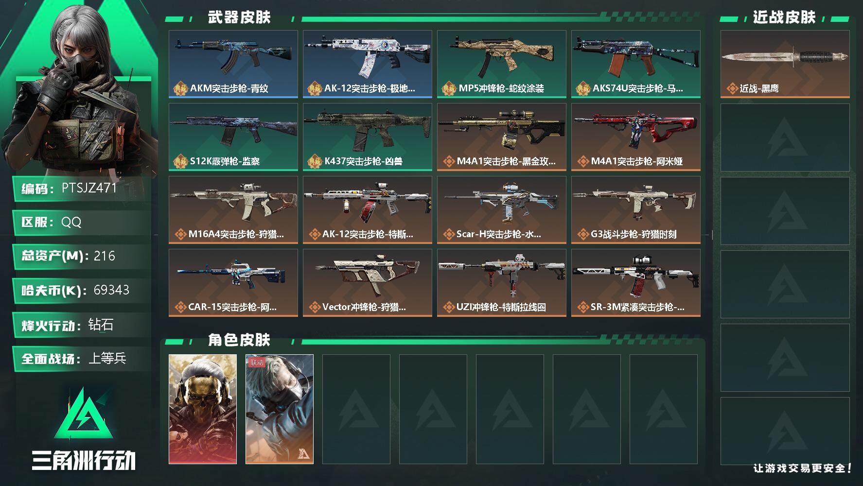 三角洲行动账号QQ【PTSJZ471】69343k哈伏币-152.3m流动资产-60烽火等级-钻石-23战场等级-上等