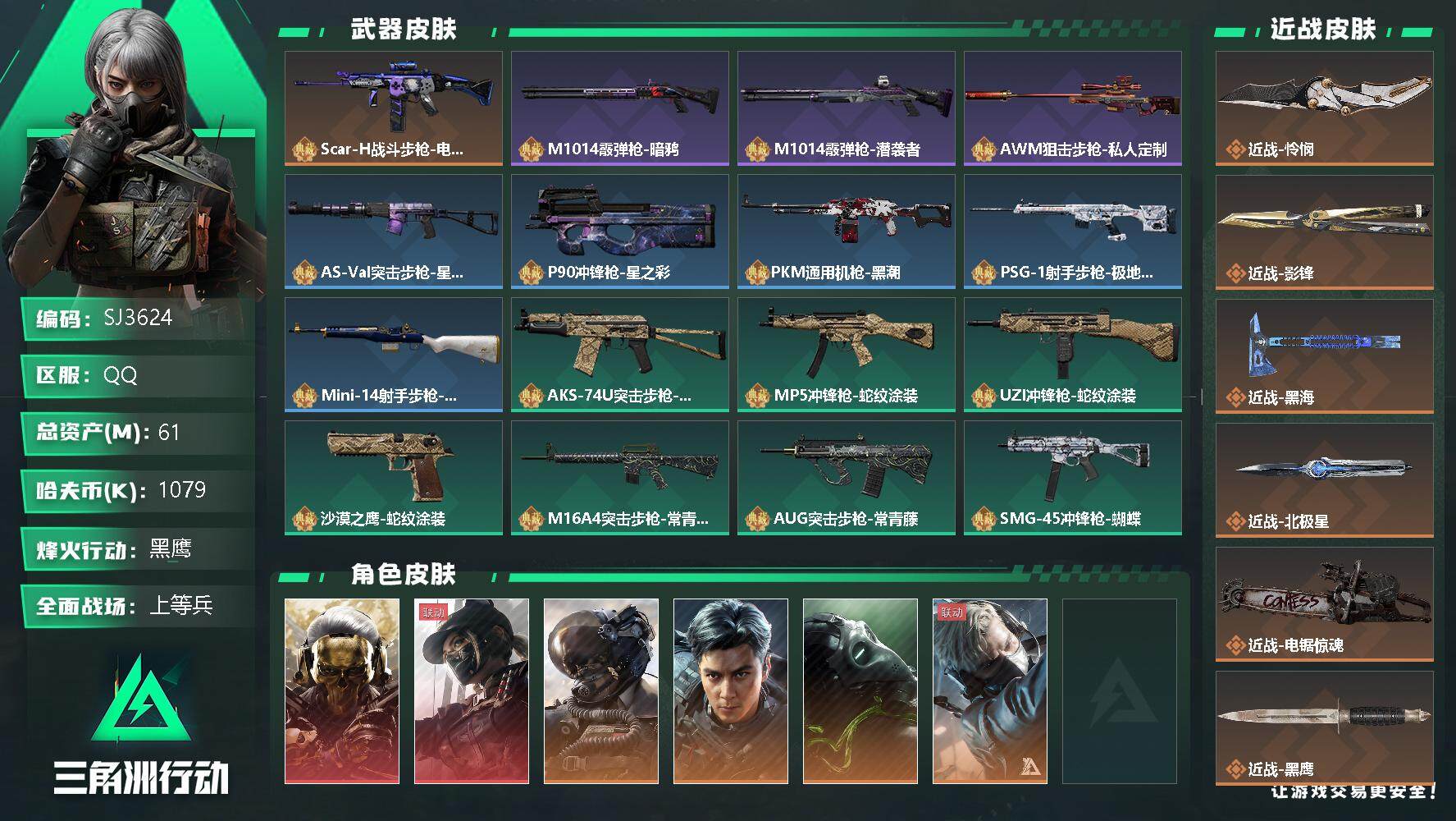 三角洲行动账号QQ【SJ3624】总资产(M)：61M/哈夫币(K)：1079K/哈夫币(K)：1079K/传说枪皮数