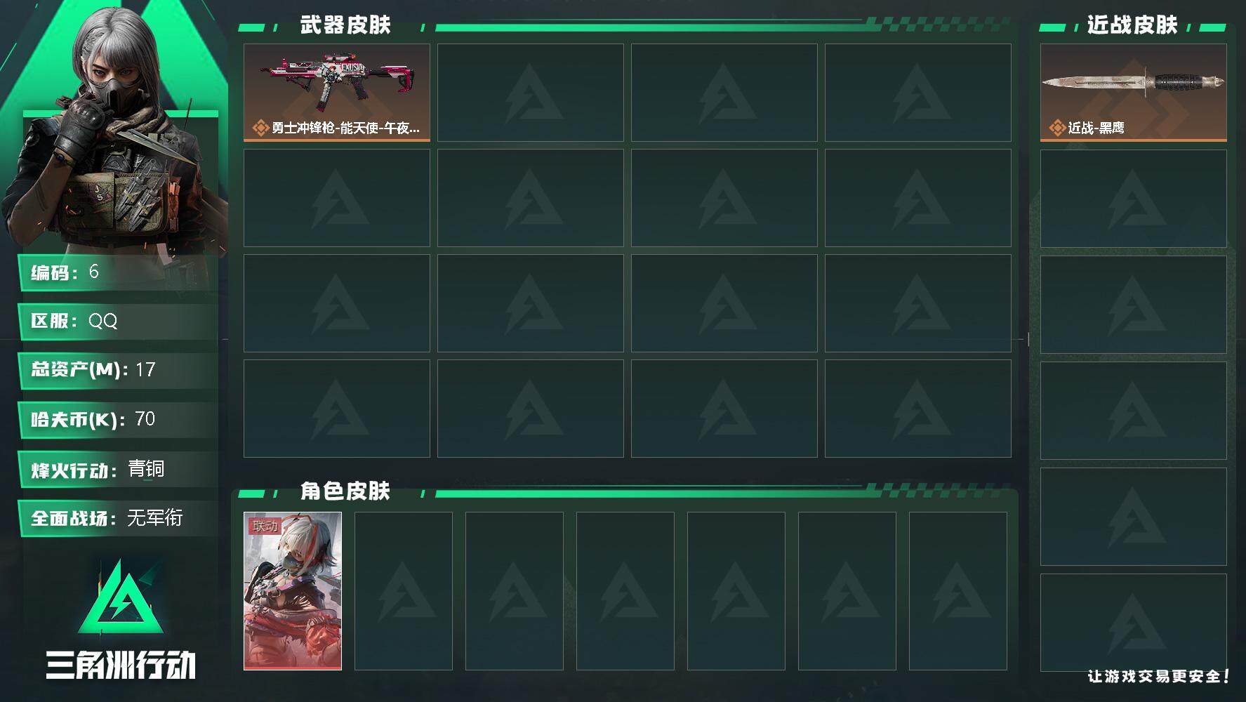 三角洲行动账号QQ[]总资产：17M，哈夫币：7W，武器皮肤：3，青铜，【安全箱】基础安全箱；【特勤处等级】仓库LV.