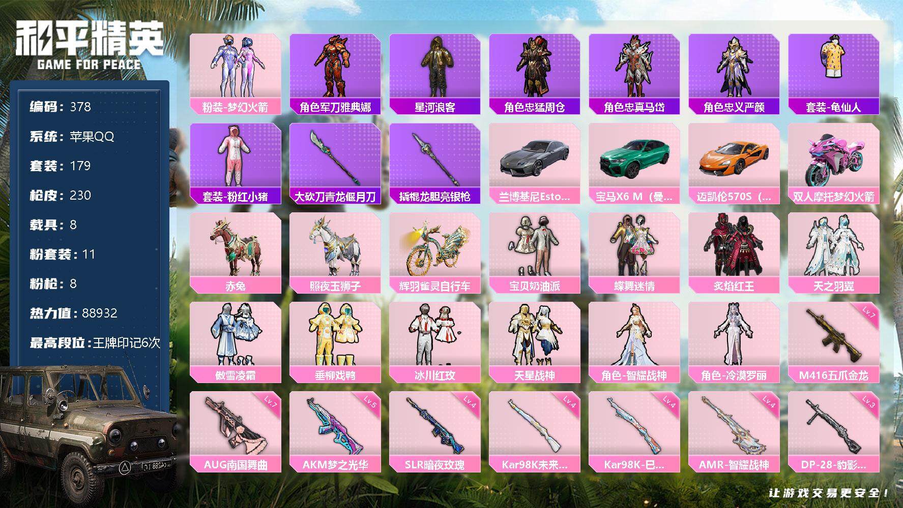 和平精英账号苹果QQ8载具-179套装-230枪皮-179套装/枪械8/装备349/载具8/战备160/王牌印记6/热力