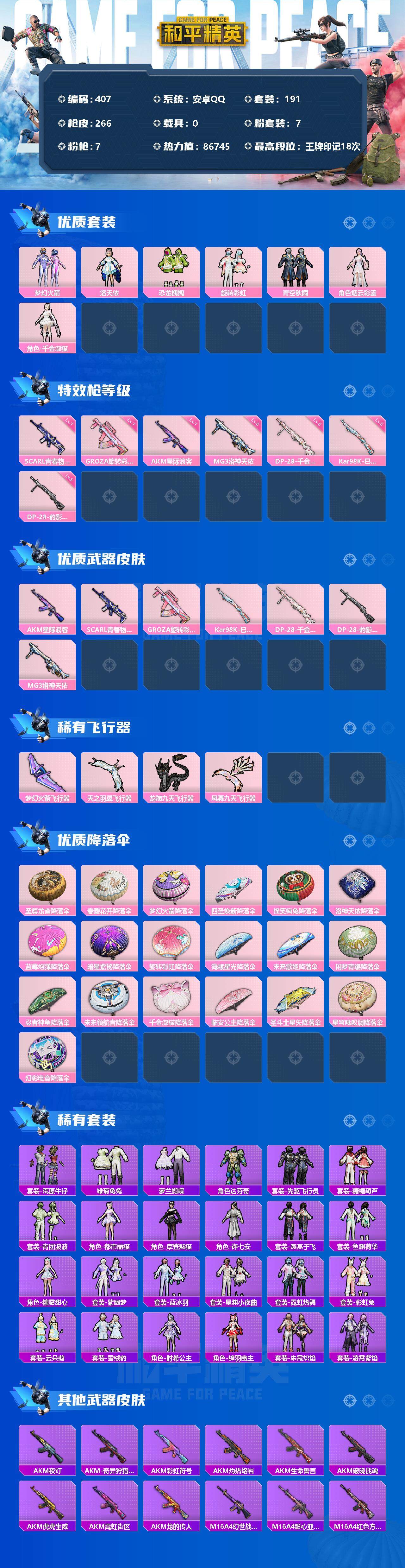 和平精英账号安卓QQ0载具-191套装-266枪皮-191套装/枪械7/装备308/战备194/王牌印记18/热力值86