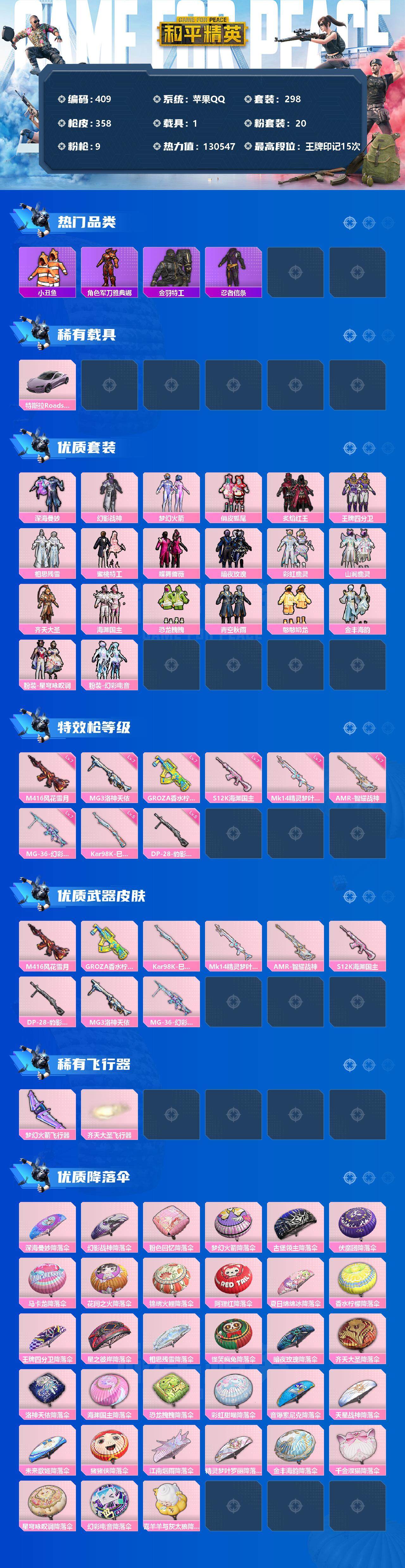 和平精英账号苹果QQ1载具-298套装-358枪皮-298套装/枪械9/装备518/载具1/战备258/王牌印记15/热