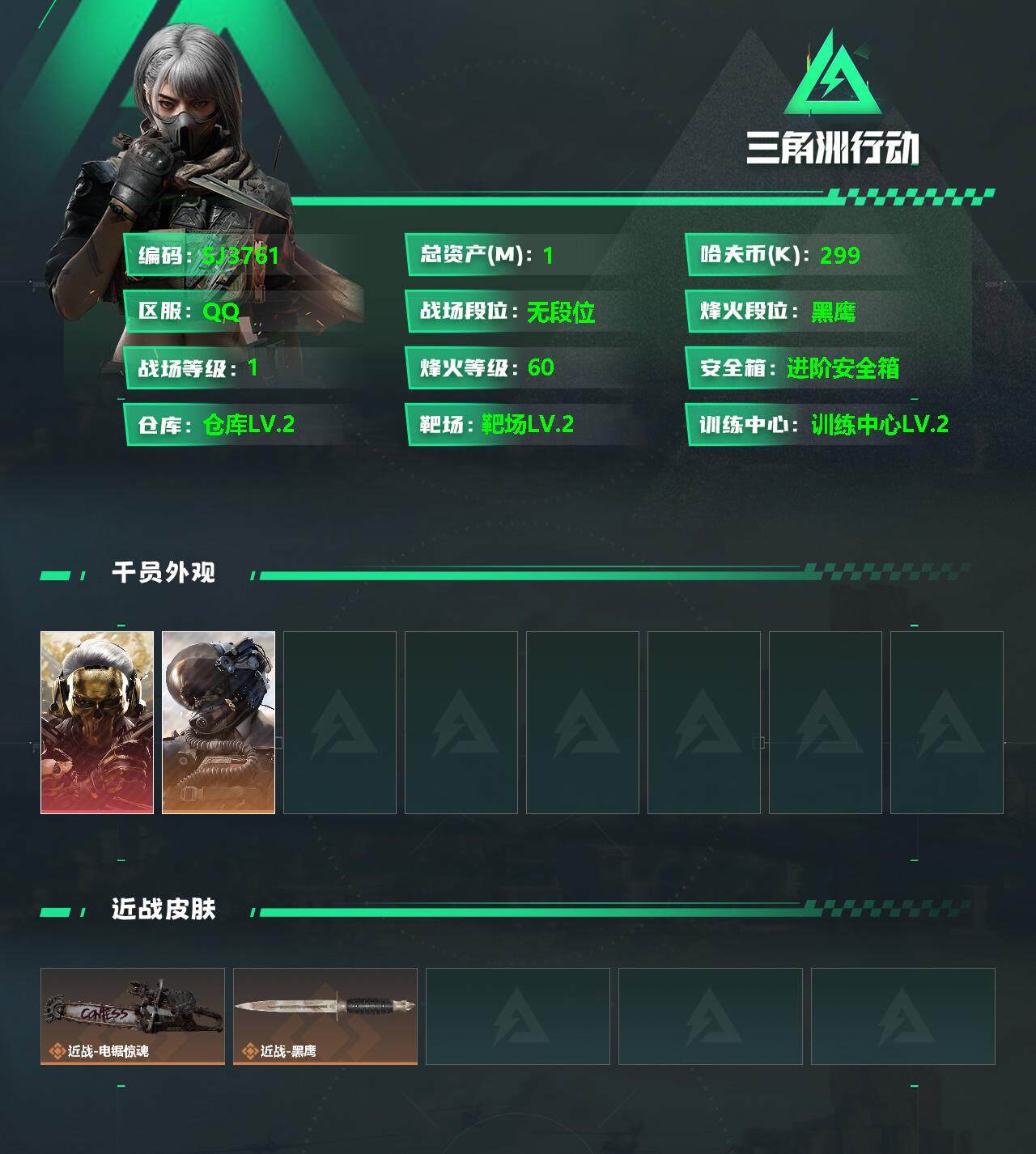 三角洲行动账号QQ【SJ3761】总资产(M)：1M/哈夫币(K)：299K/哈夫币(K)：299K/全面战场等级：1
