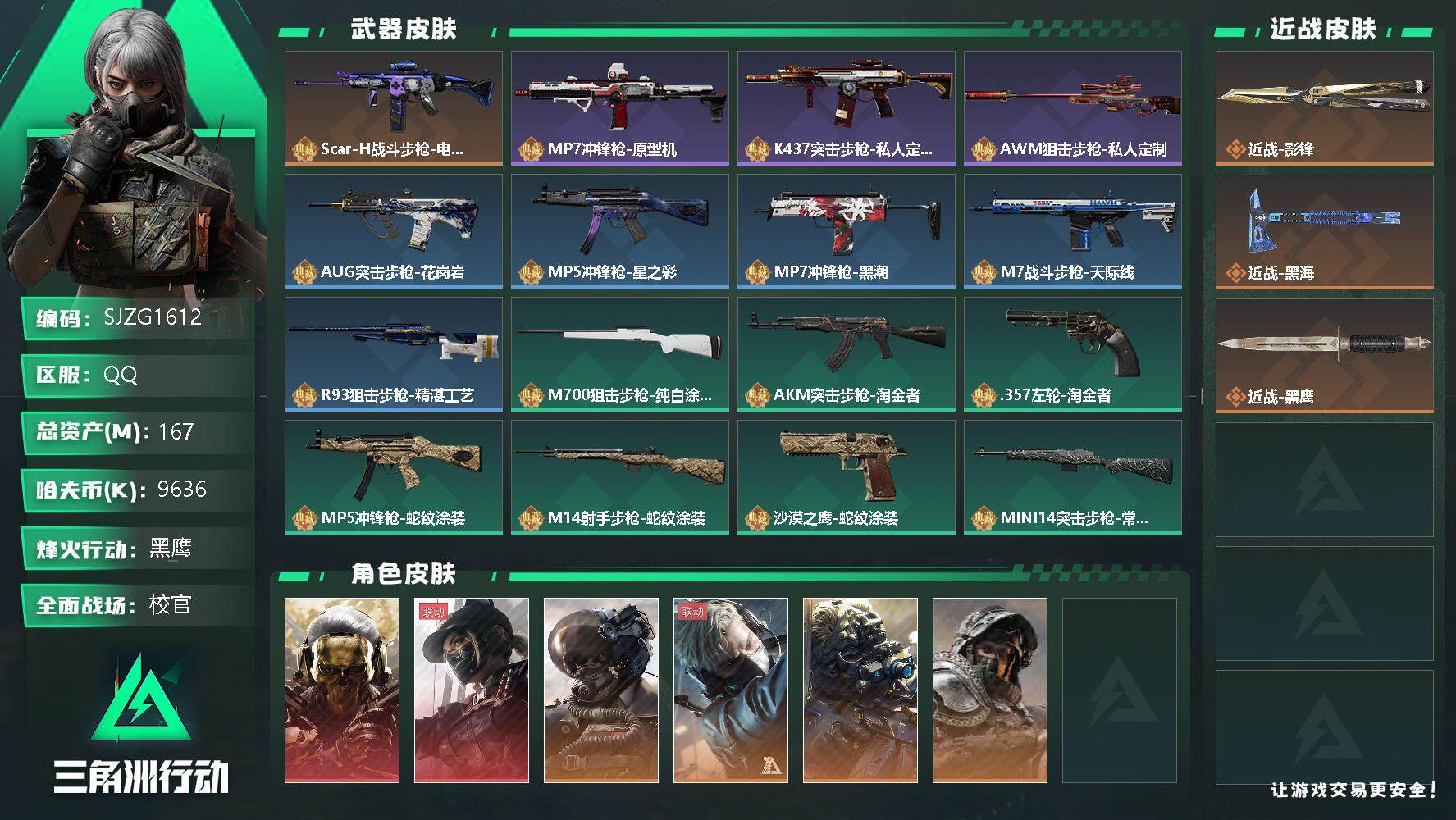 三角洲行动账号QQ【SJZG1612】总资产(M)：167M/哈夫币(K)：9636K/哈夫币(K)：9636K/传说