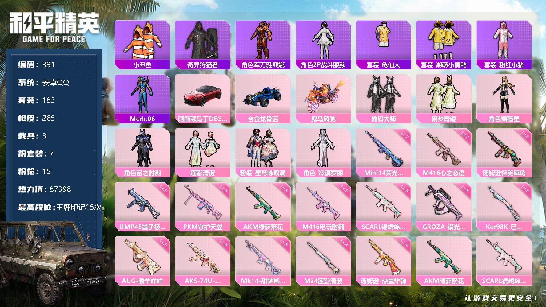 和平精英账号安卓QQ3载具-183套装-265枪皮-183套装/枪械15/装备316/载具3/战备190/王牌印记15/