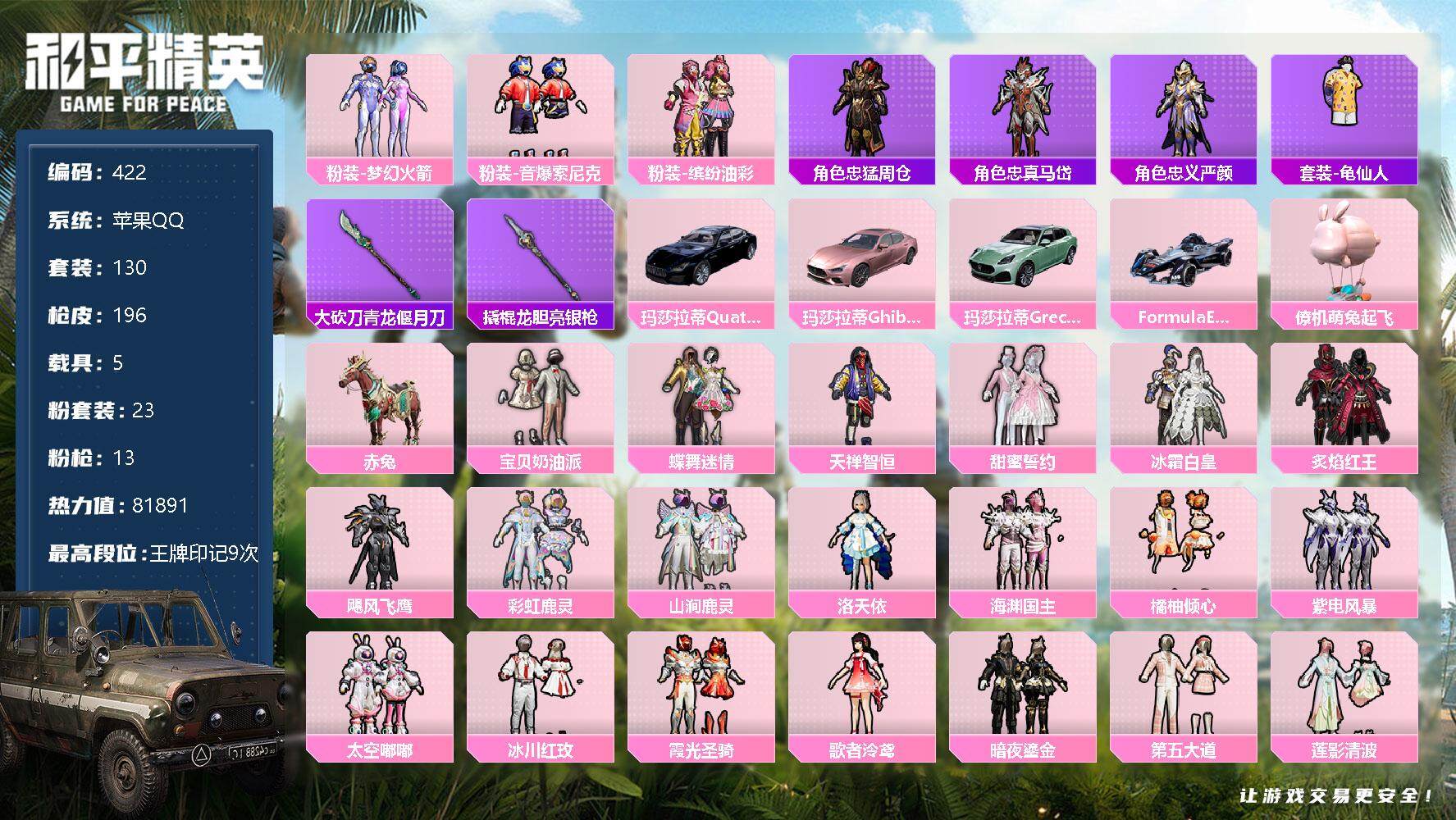 和平精英账号苹果QQ5载具-130套装-196枪皮-130套装/枪械13/装备265/载具5/战备134/王牌印记9/热