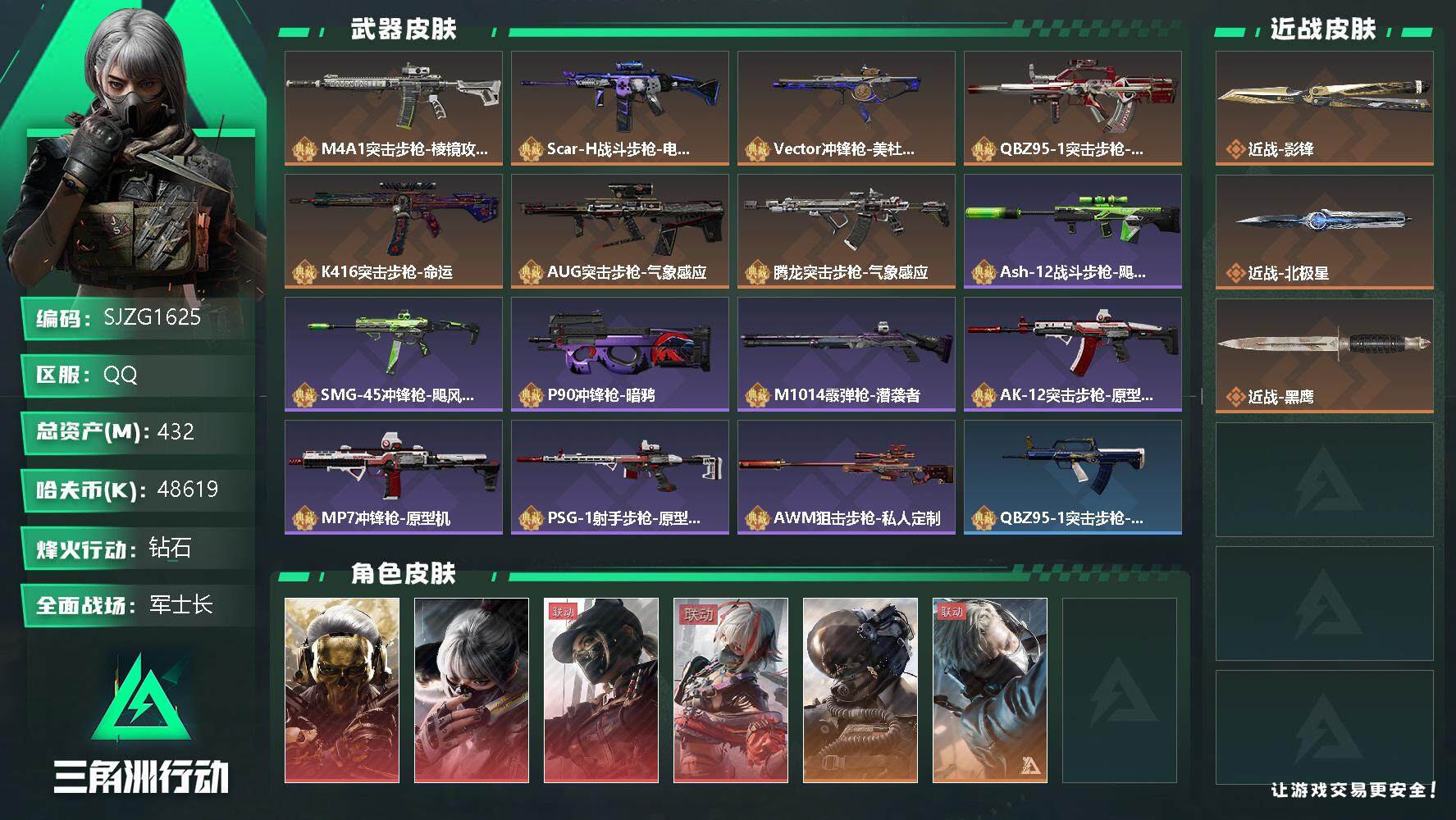 三角洲行动账号QQ【SJZG1625】总资产(M)：432M/哈夫币(K)：48619K/哈夫币(K)：48619K/