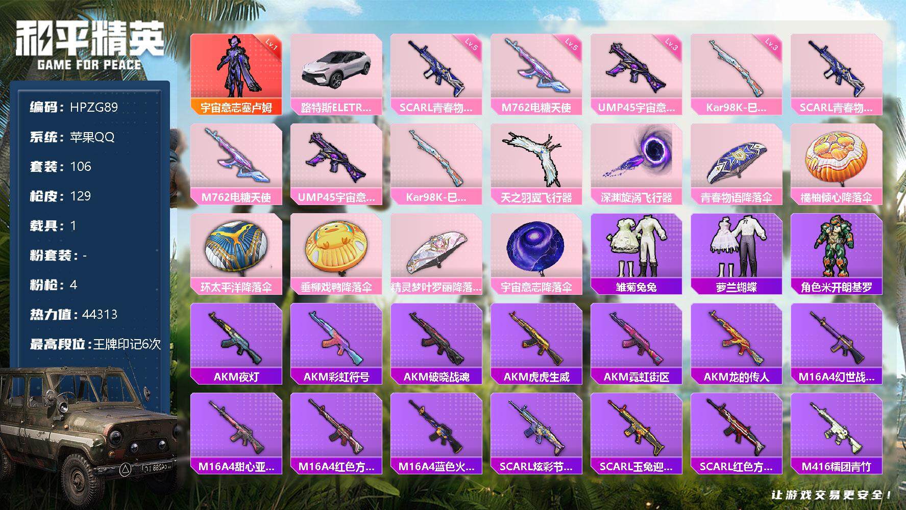 和平精英账号苹果QQ1载具-106套装-129枪皮-【HPZG89】106套装/枪械4/装备130/载具1/战备106/