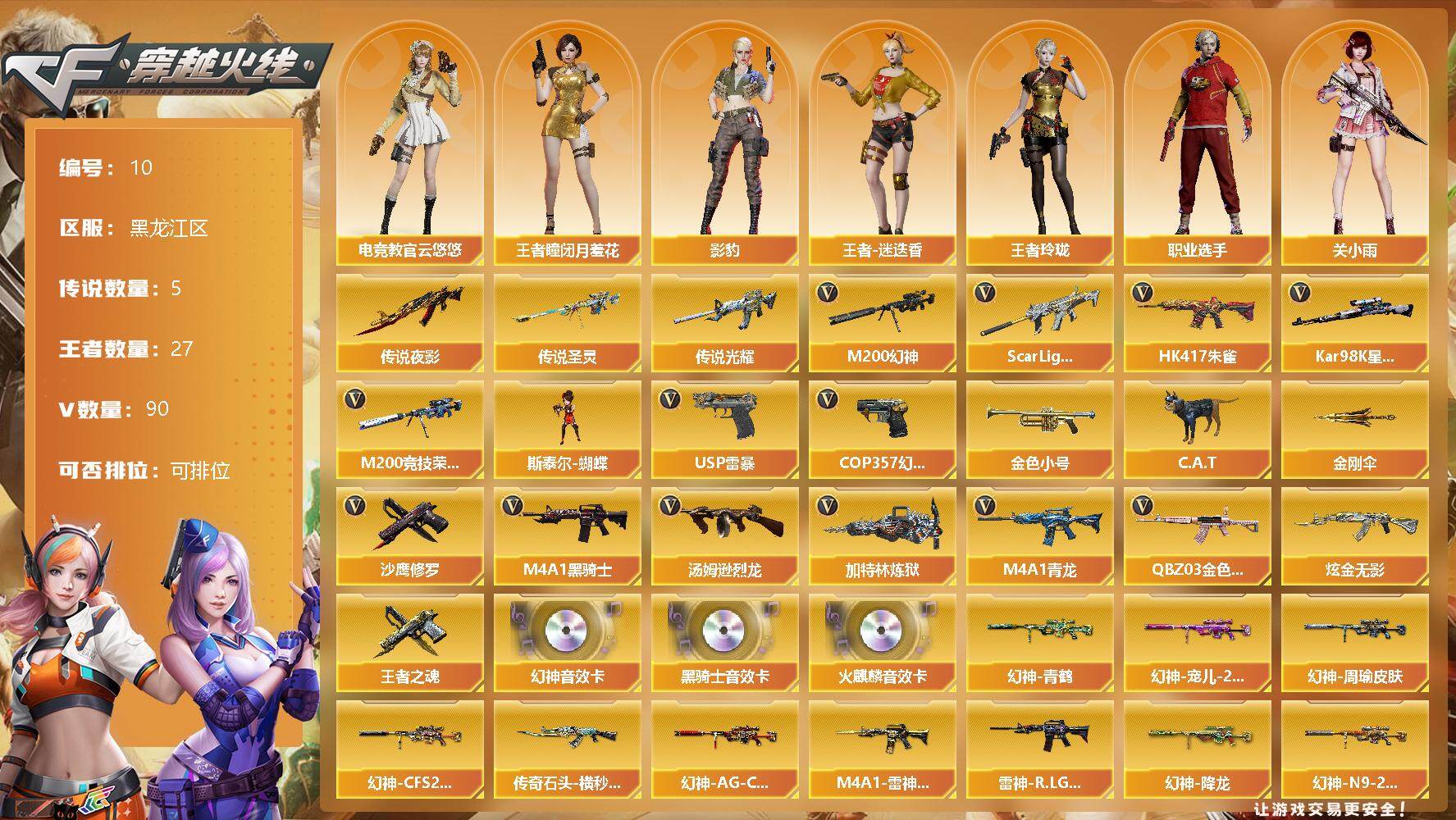 穿越火线账号北部战区【商品标题】：黑龙江区-90V-27王者-1炫金
【角色】：传说女帝，传说艾莉莎，王者-瞳-闭月羞花，王者玲珑，王者-迷迭香，零-水下丽影，灵狐者-职业经理，电竞教官-云悠悠，瞳，影豹，关小雨，女主