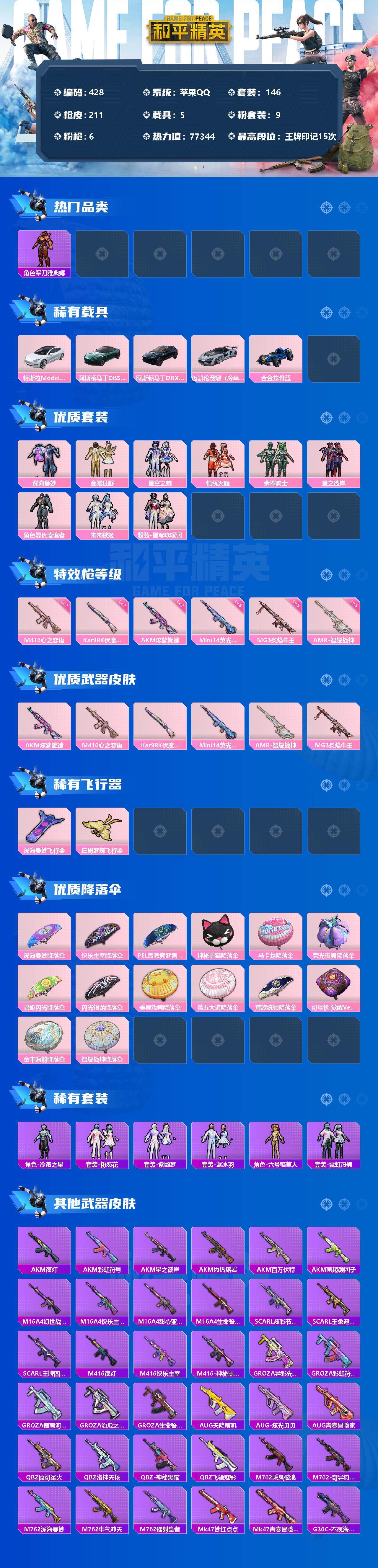 和平精英账号苹果QQ5载具-146套装-211枪皮-146套装/枪械6/装备286/载具5/战备139/王牌印记15/热