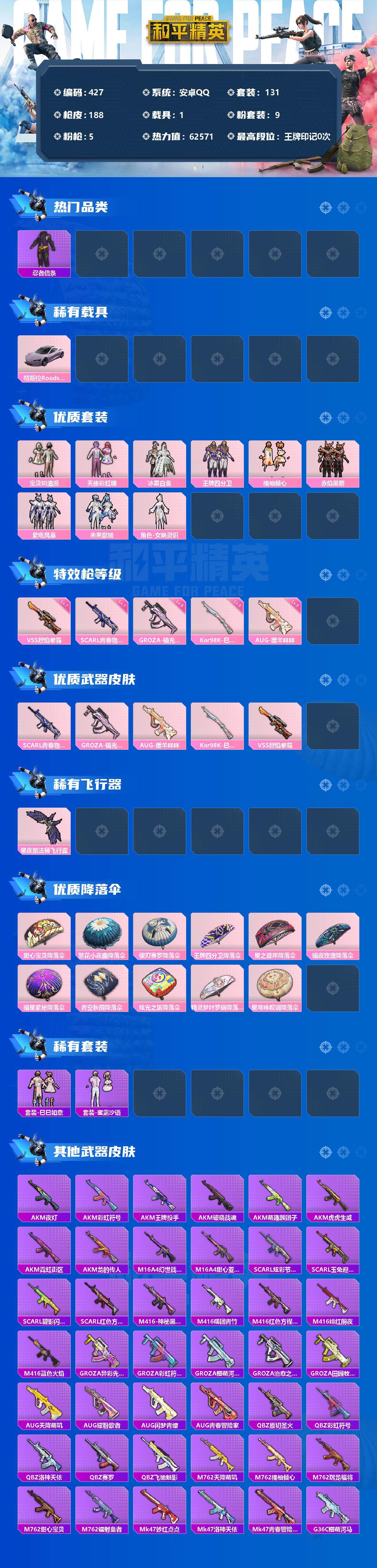 和平精英账号安卓QQ1载具-131套装-188枪皮-131套装/枪械5/装备247/载具1/战备128/热力值62571