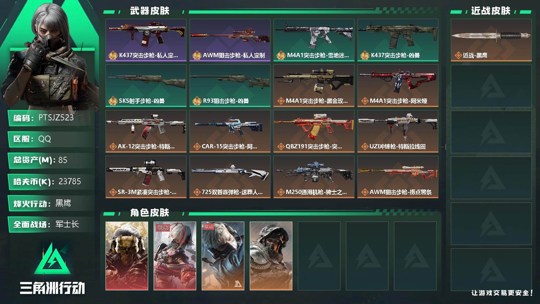 三角洲行动账号QQ【PTSJZ523】23785k哈伏币-79m流动资产-60烽火等级-黑鹰-35战场等级-军士长
【