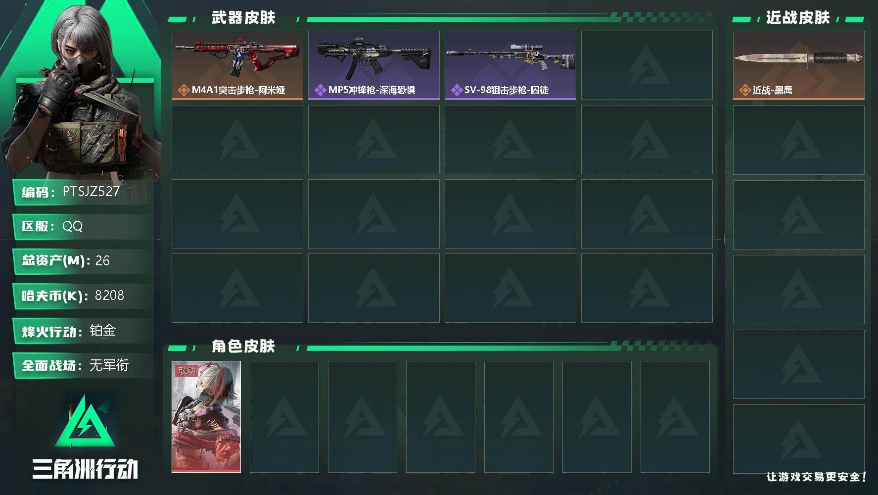 三角洲行动账号QQ【PTSJZ527】8208k哈伏币-24m流动资产-47烽火等级-铂金-1战场等级-无军衔
【干员