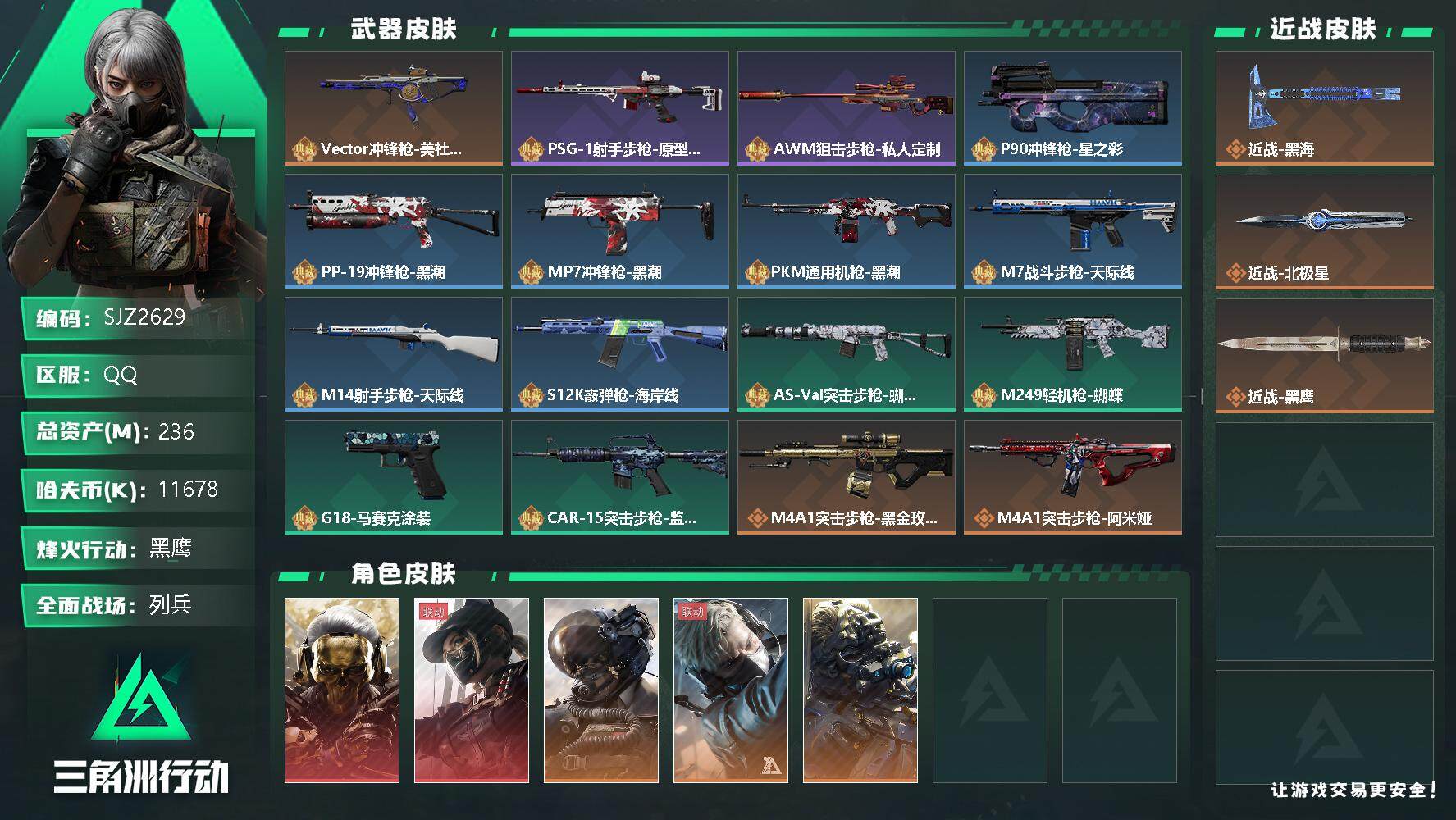 三角洲行动账号QQ【SJZ2629】总资产(M)：236M/哈夫币(K)：11678K/哈夫币(K)：11678K/传