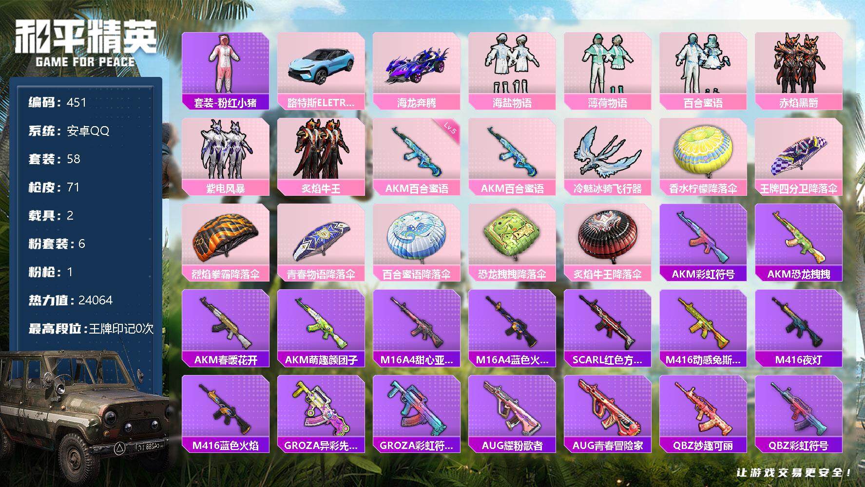 和平精英账号安卓QQ2载具-58套装-71枪皮-58套装/枪械1/装备72/载具2/战备52/热力值24064/五级AK
