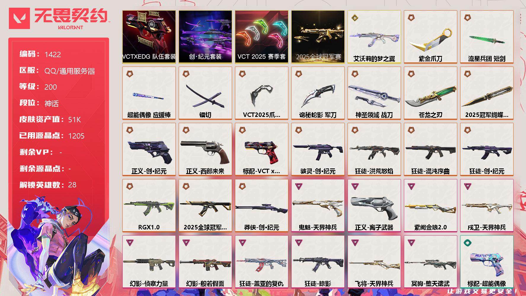 无畏契约账号QQ[13245197]【套装】：2025全球冠军赛套装，VCT 2025 赛季套装，创·纪元套装，VCTxEDG 队伍套装
【英雄】：幻棱，炼狱，维斯，暮蝶，钛狐，壹决，铁臂，捷风，雷兹，幽影，不死鸟，