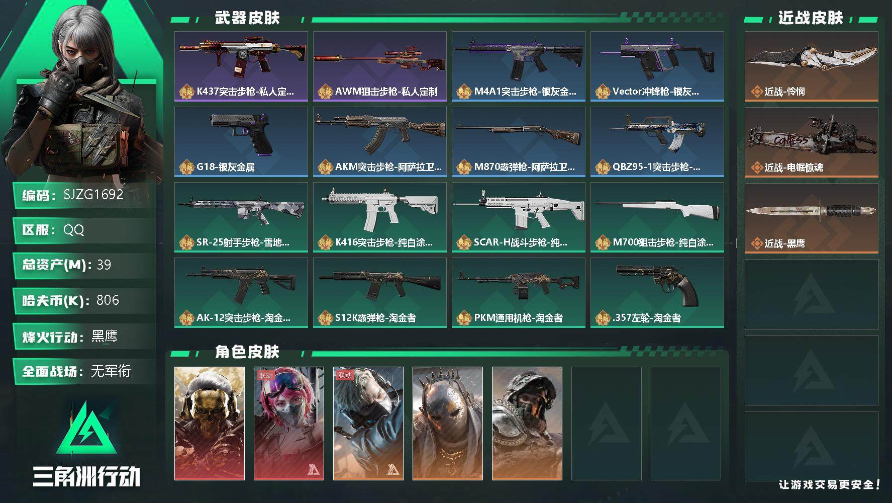 三角洲行动账号QQ【SJZG1692】总资产(M)：39M/哈夫币(K)：806K/哈夫币(K)：806K/全面战场等级：4_段位：无段位/烽火地带等级：60_段位：黑鹰/红狼-蚀金玫瑰/蛊-能天使午夜邮差/蜂医-送