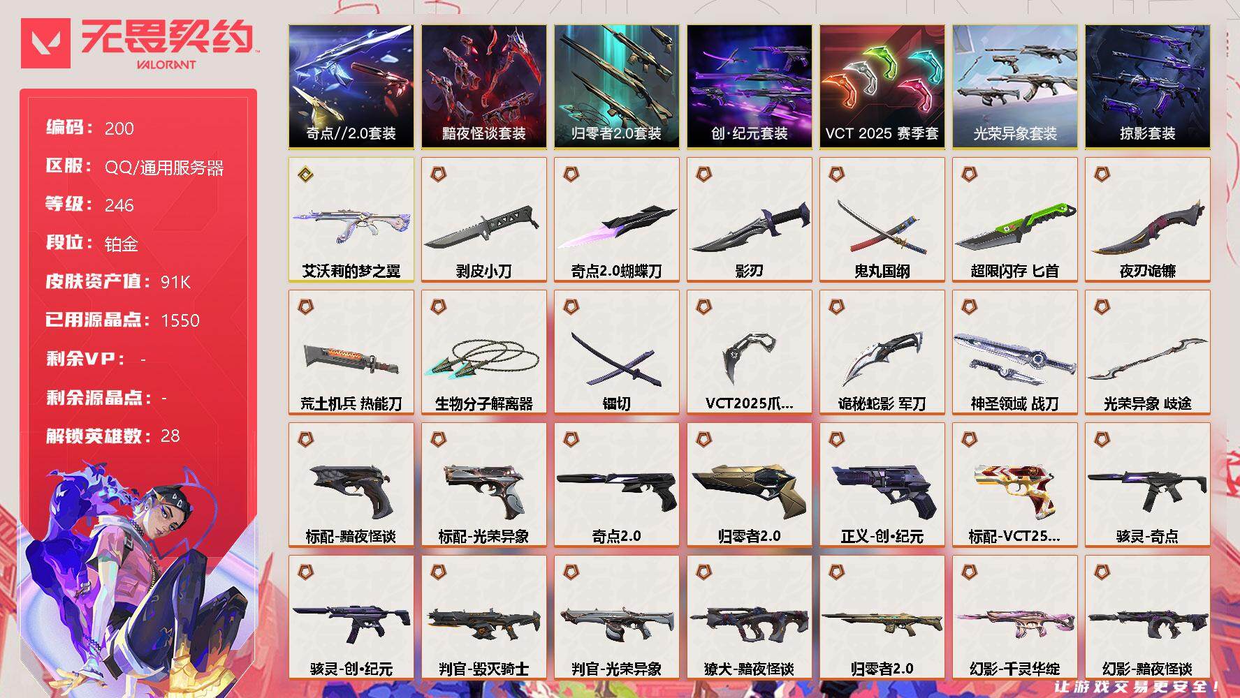 无畏契约账号QQ【LX38473】【28英雄141皮肤】【44传奇武器1终极11卓越】
【套装】：光荣异象套装，VCT 2025 赛季套装，创·纪元套装，归零者//2.0套装，奇点//2.0套装，黯夜怪谈套装，掠影