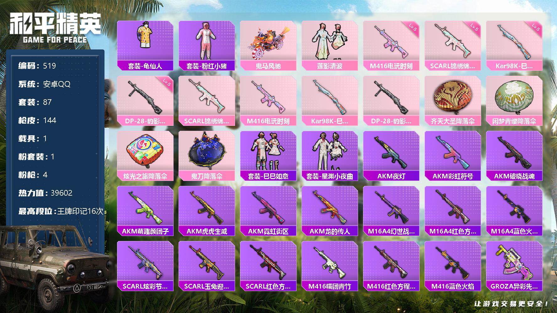 和平精英账号安卓QQ1载具-87套装-144枪皮-87套装/枪械4/装备105/载具1/战备108/王牌印记16/热力值