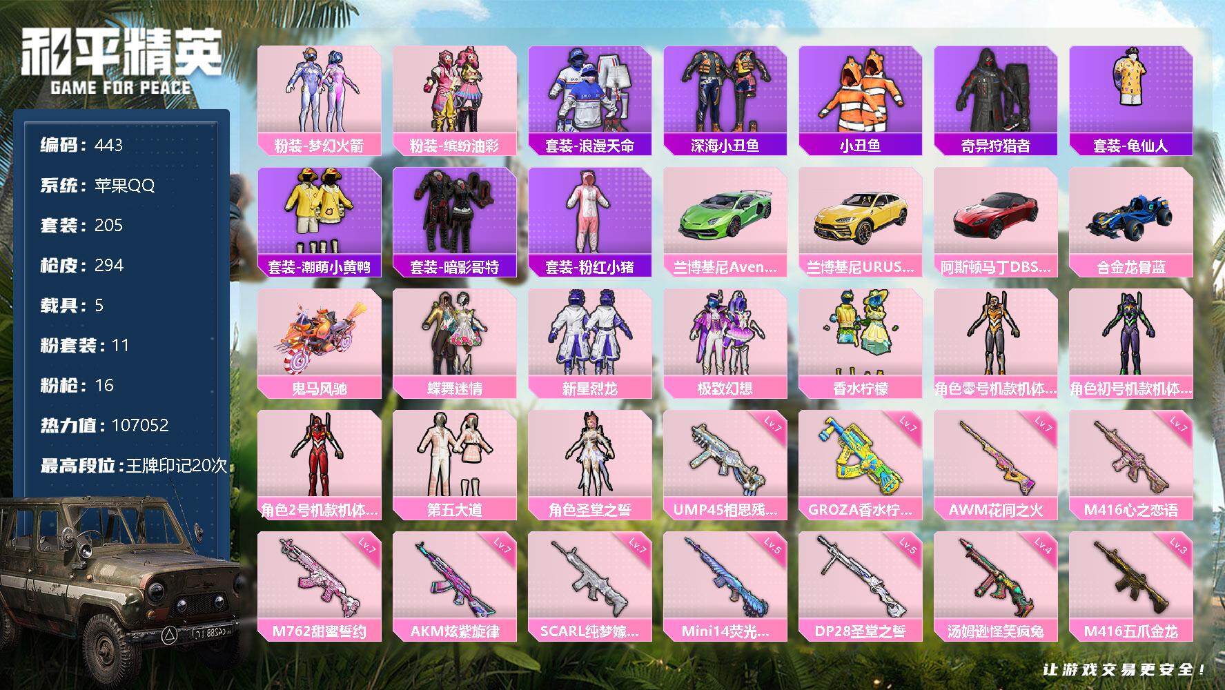 和平精英账号苹果QQ5载具-205套装-294枪皮-205套装/枪械16/装备352/载具5/战备216/王牌印记20/