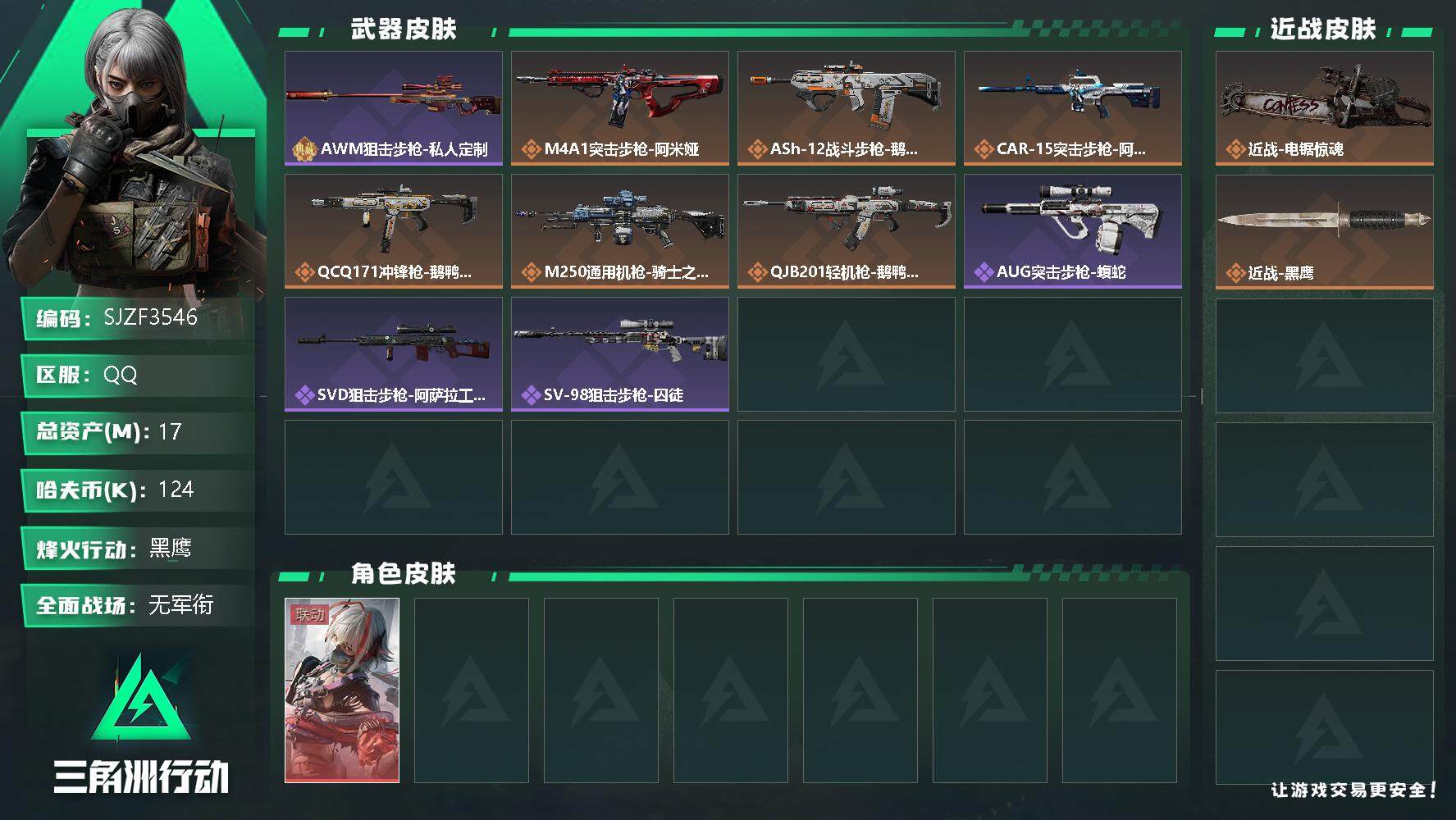三角洲行动账号QQ【SJZF3546】总资产(M)：17M/哈夫币(K)：124K/哈夫币(K)：124K/全面战场等