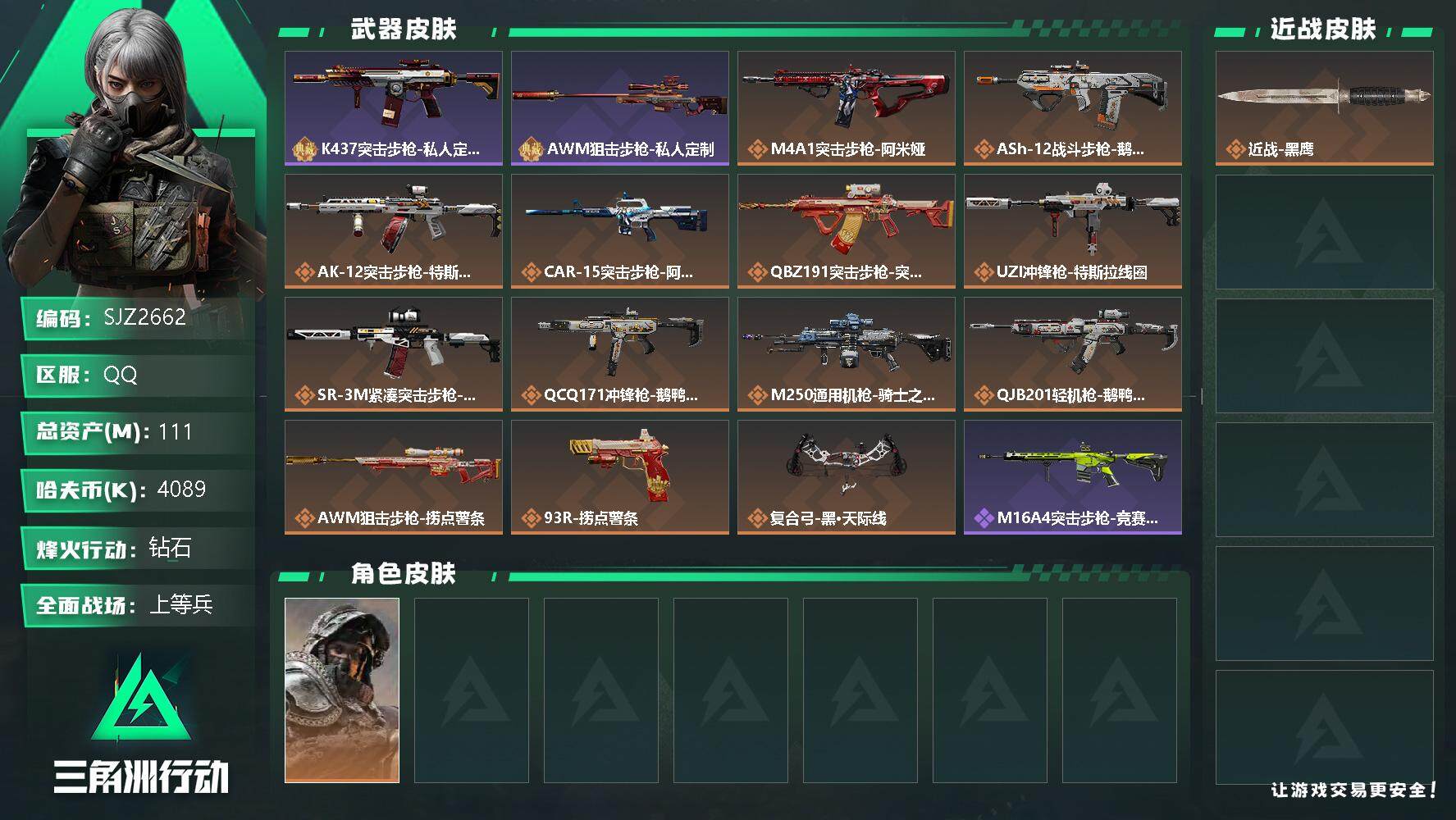 三角洲行动账号QQ【SJZ2662】总资产(M)：111M/哈夫币(K)：4089K/哈夫币(K)：4089K/全面战