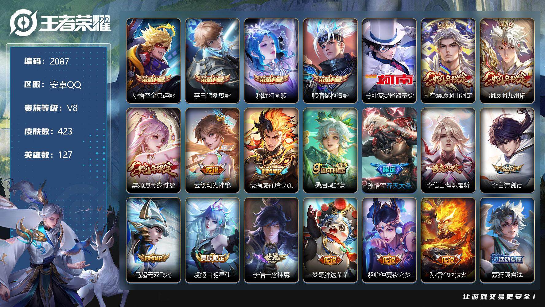 王者荣耀账号安卓QQ安卓Q-V8-最强王者段位-127英雄-423皮肤-4典藏-0珍品无双-0无双-1珍品传说-15传说
